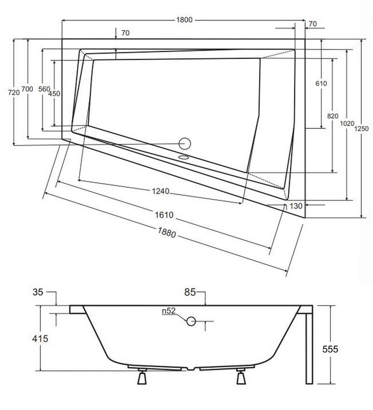 BADEWANNE Eckwanne INTIMA 180/125 Rechts + Ablage Ablauf Füße - Weiß, Kunststoff (125/55.5/180cm) - bad land