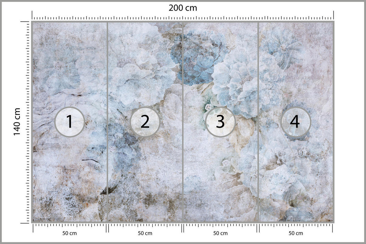 FOTOTAPETE Blaue Blumen Beton Vintage 200x140 - Grau, Papier (200/140cm) - Muralo