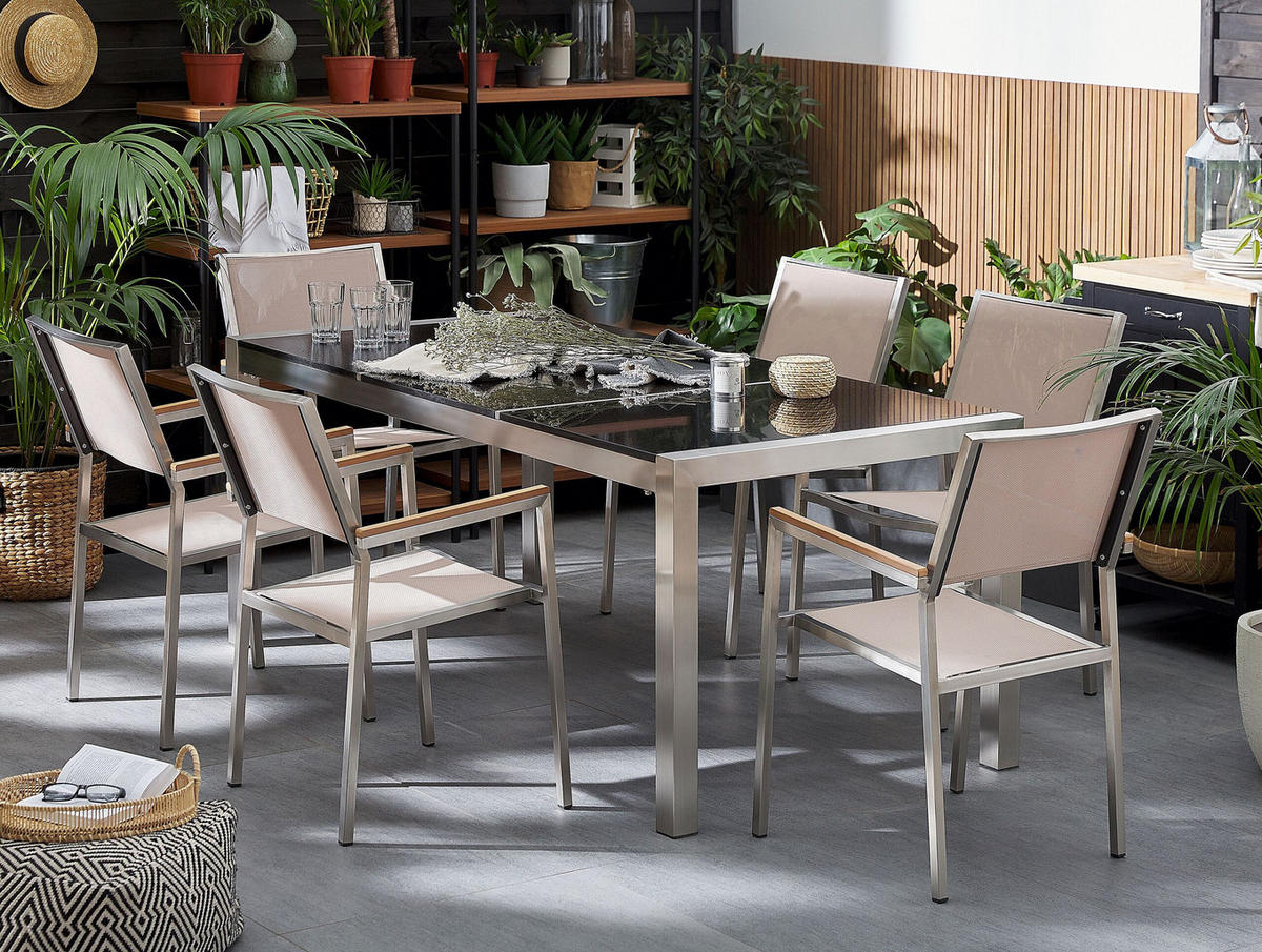 GARTENMÖBEL SET 6-Sitzer Naturstein schwarz poliert beige Grosseto - Beige/Silberfarben, Metall - Beliani