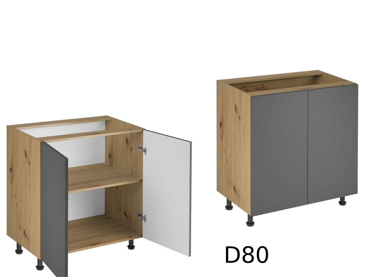 KÜCHENZEILE 240 - Langen KL2-M240 in Grau/ Artisan Eiche - Schwarz/Eiche Artisan, Holz/Metall (240/212/58cm)