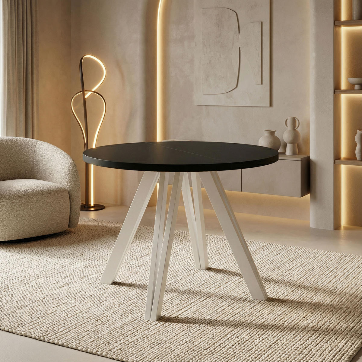 ESSTISCH Ravero runder ausziehbarer, Schwarz 100-140/100/77 cm - Schwarz/Weiß, Holz/Holzwerkstoff (100/100/77cm) - WFL GROUP