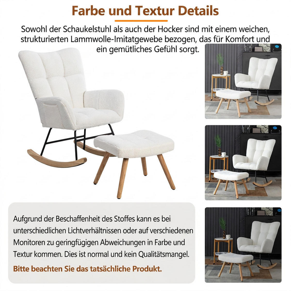 SCHAUKELSTUHL Weiß Bouclé mit 1 Fußhocker - Weiß, Textil (64/92/94cm) - Oxeza