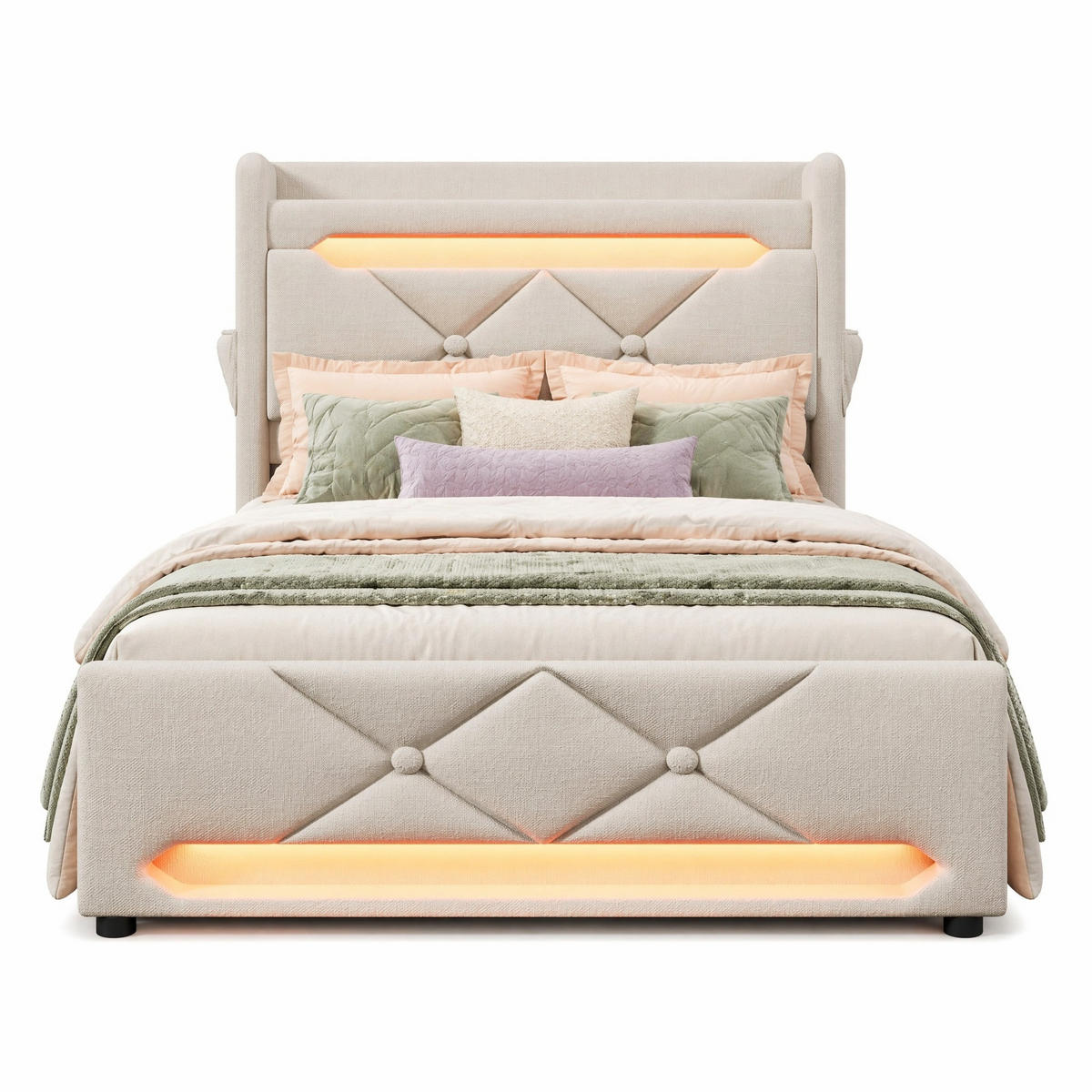 ČALOUNĚNÁ POSTEL 90/200 cm v béžové barvě s úložným prostorem, LED a USB-C - béžová, kov/kompozitní dřevo (90/200cm) - CHICFURN