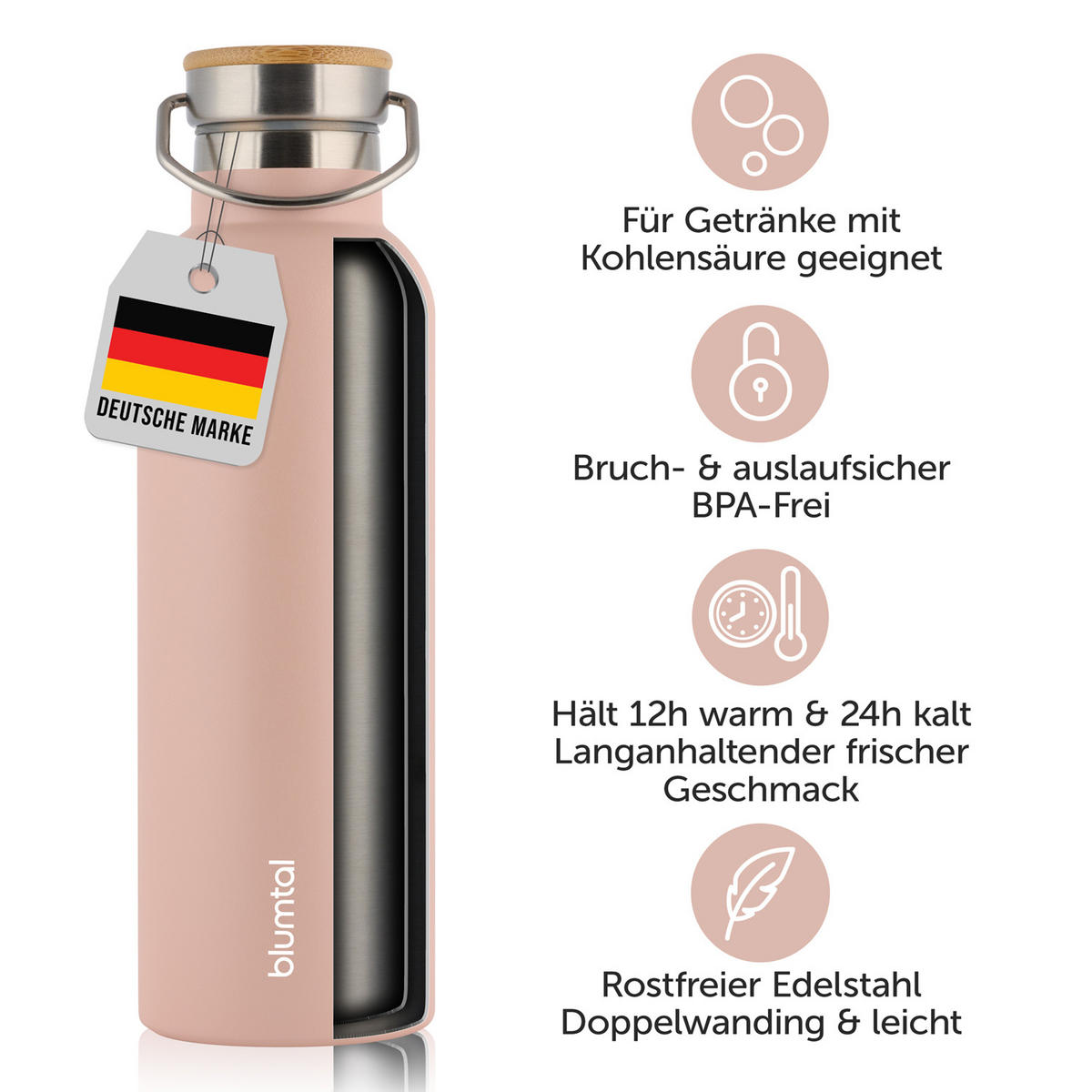 TRINKFLASCHE Leni 1000 ml, inkl. Teesieb und Sportdeckel - Hellrosa, Metall (1L) - Blumtal