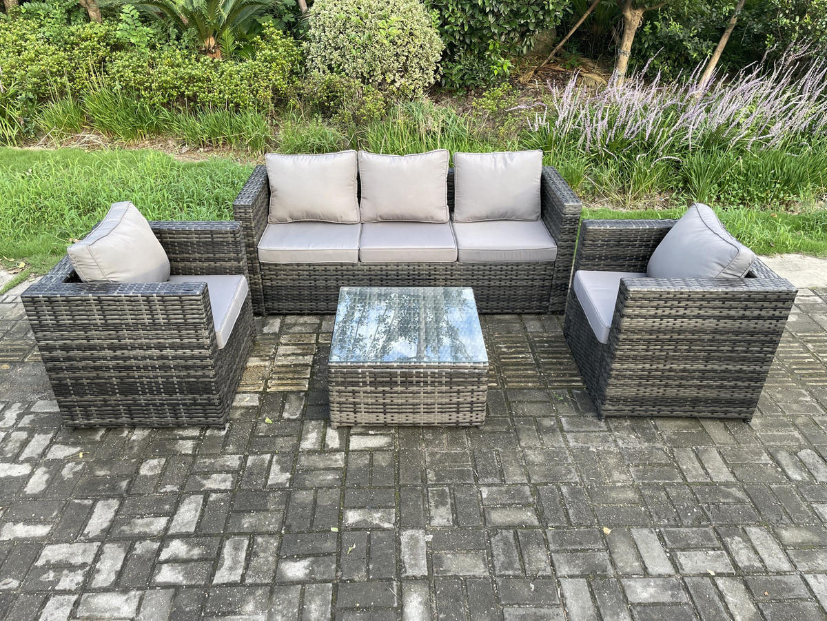 GARTENSET mit Couchtisch Polyrattan 5-Sitzer - Dunkelgrau, Metall - Fimous