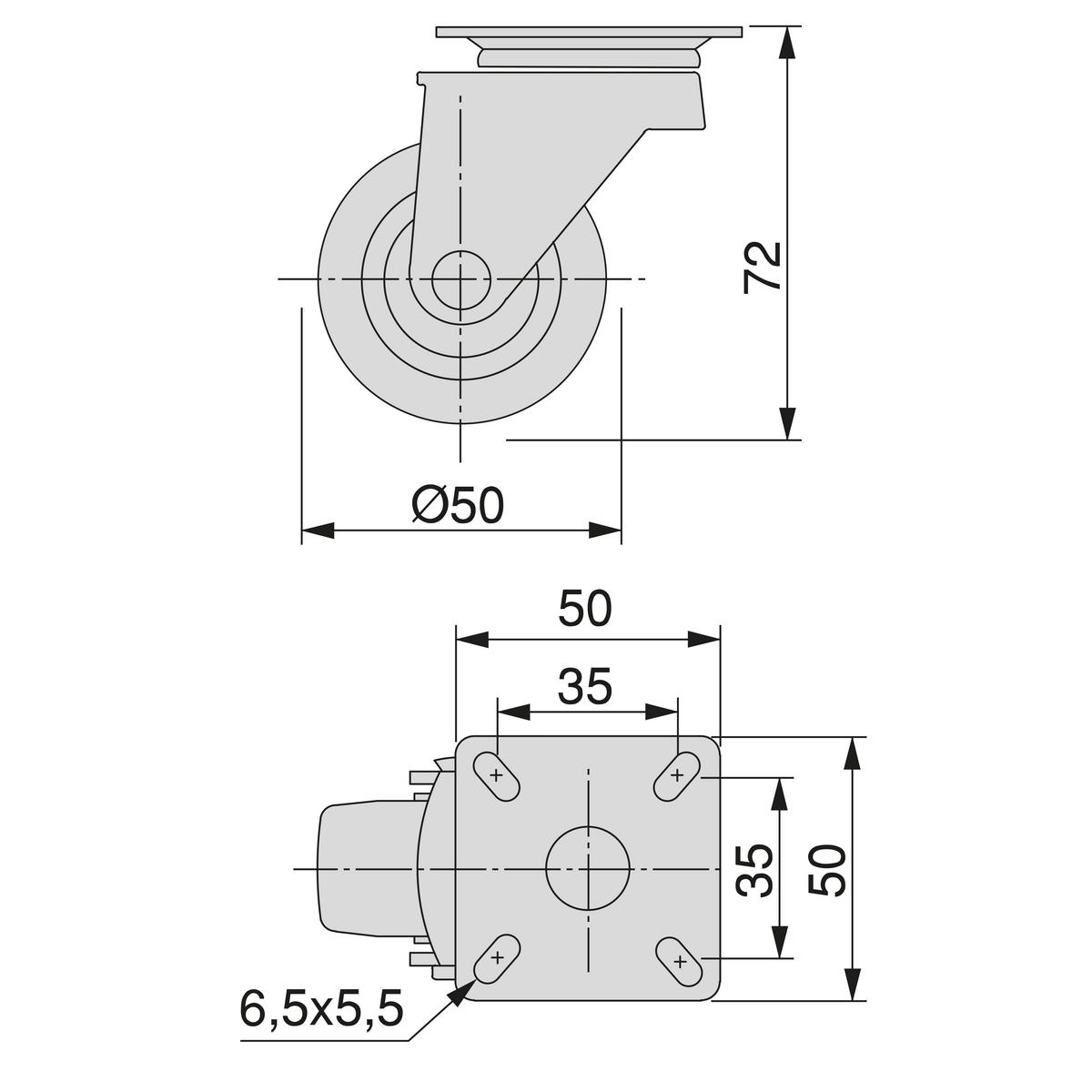 ROLLEN Black mit Montageplatte, Durchmesser 50mm, Kunststoff und Stahl, schwarz 4er-set - Schwarz, Kunststoff (5/7/5cm) - EMUCA