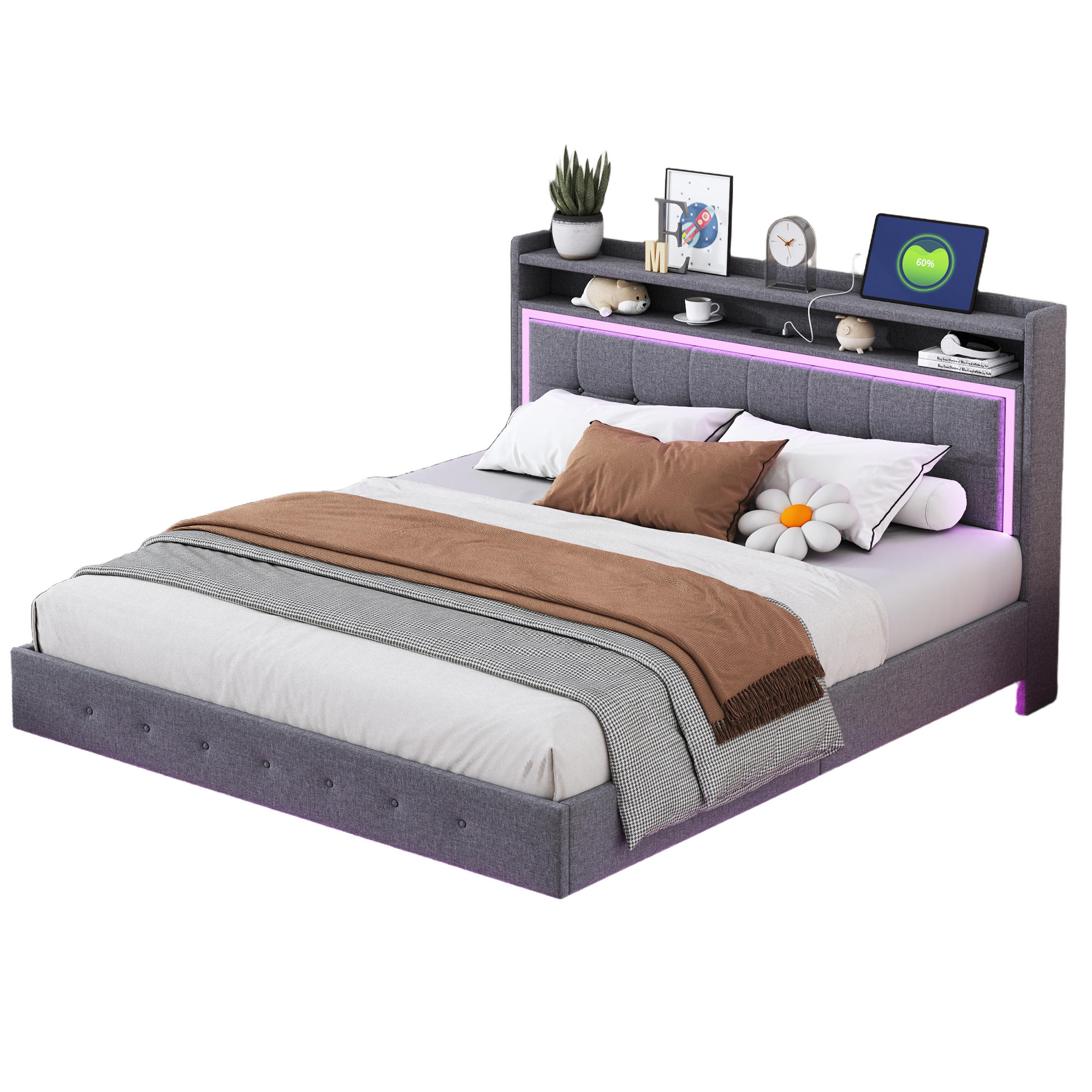 OKWISH ČALOUNĚNÁ postel 140/200 cm šedá z látky s USB zásuvkou a LED osvětlením