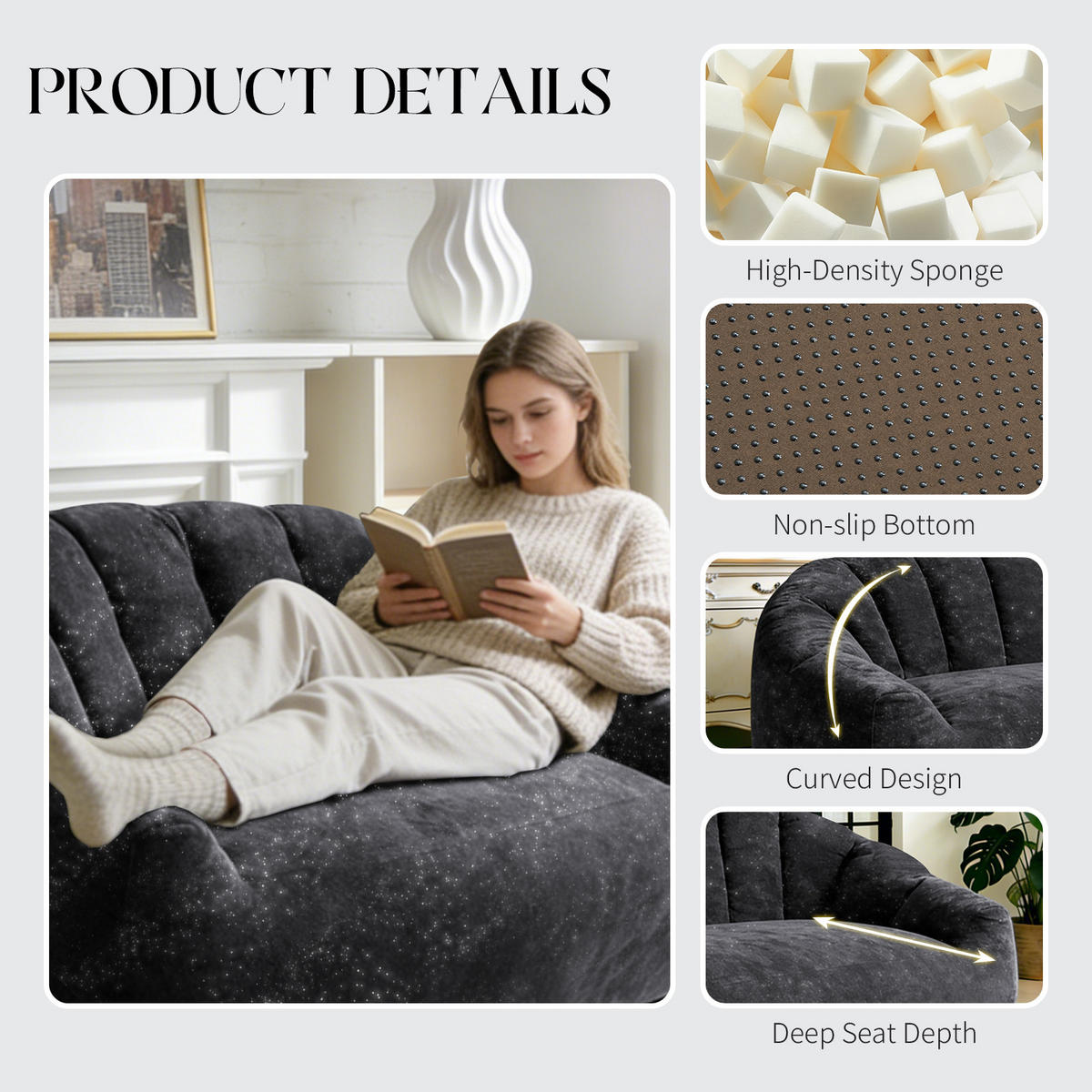 2-SITZER SOFA aus Flanell mit skulpturaler Wellen-Rückenlehne - Schwarz, Textil (140/61/98cm) - Urban Meuble