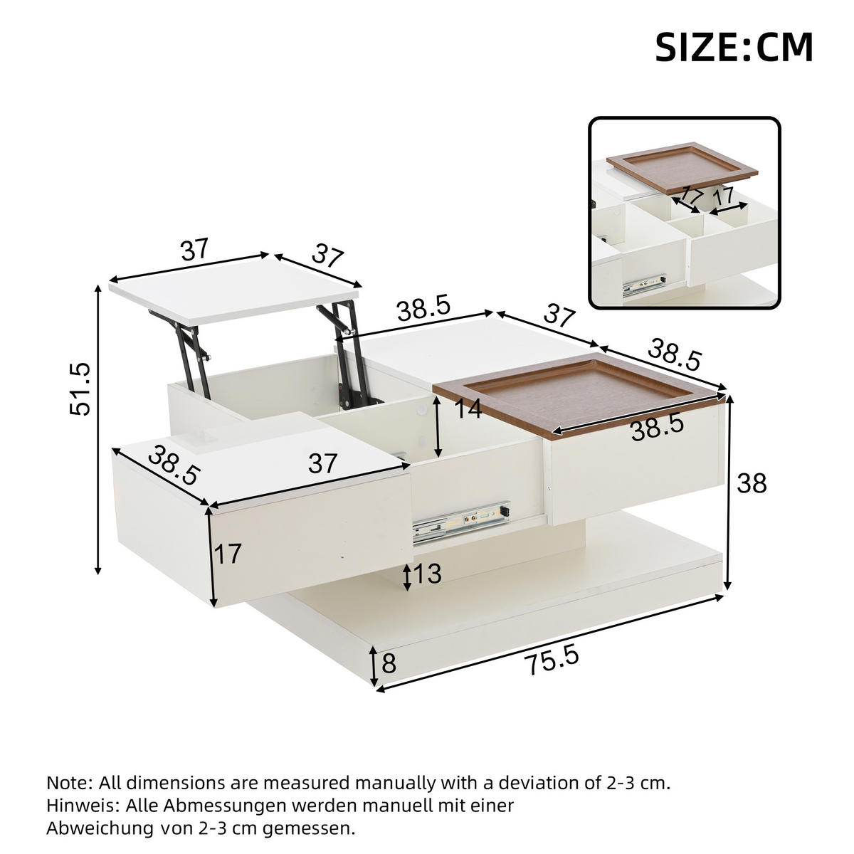 COUCHTISCH mit Hebefunktion und 2 Schubladen Hochglanz-Effekt - Weiß, Holzwerkstoff/Metall (75.5/75.5/38cm) - Urban Meuble