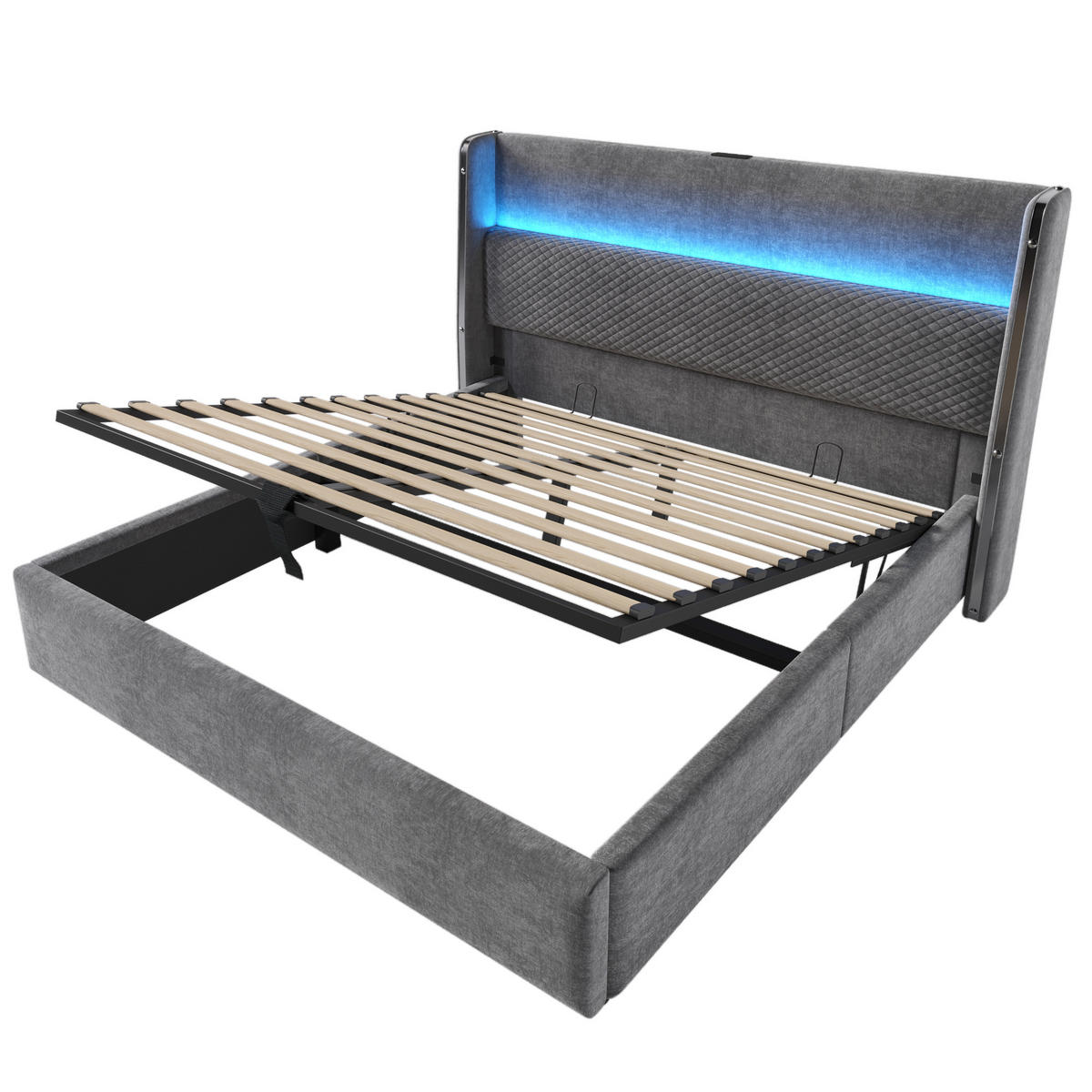 POLSTERBETT 160/200 cm Grau mit hohem Kopfteil und LED-Beleuchtung - Grau, Textil (160/200cm) - OKWISH