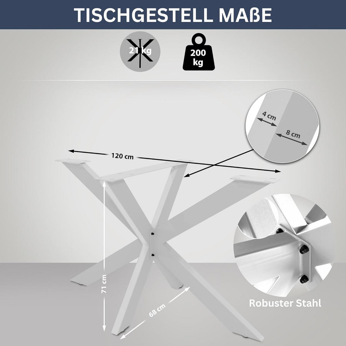 TISCHGESTELL Metall KRYT Weiß | inkl. Schrauben + Bodenschoner | 71x120x68cm - Weiß, Metall (120/71/68cm) - DELUKE