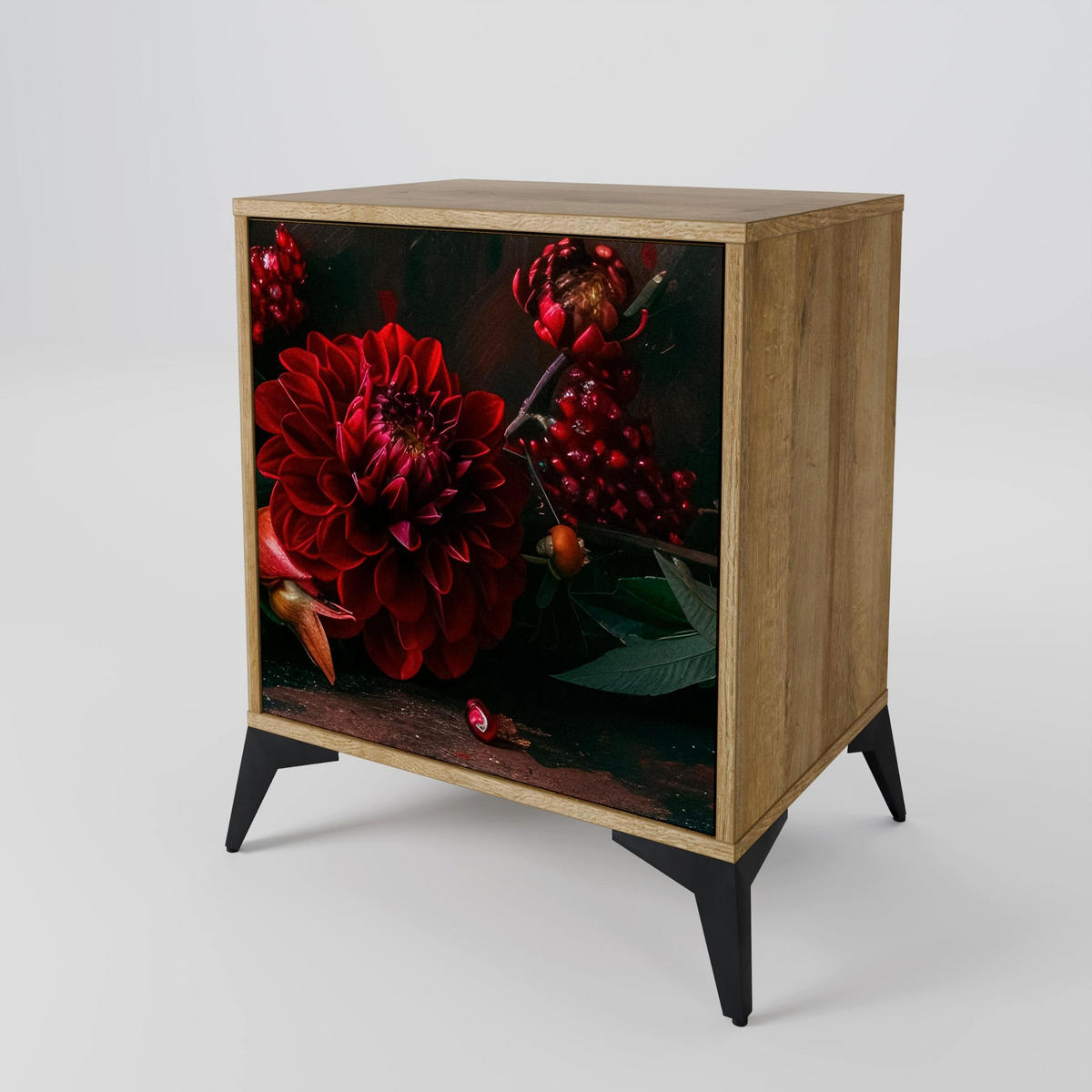 SIDEBOARD DAHLIAS AND POMEGRANATES, Eichefarben, 57,5x42x67,5 cm, Schwarze Metall-Rahmenfüße - Eichefarben/Multicolor, Holzwerkstoff/Metall (57.5/67.5/42cm) - SpaceRebels