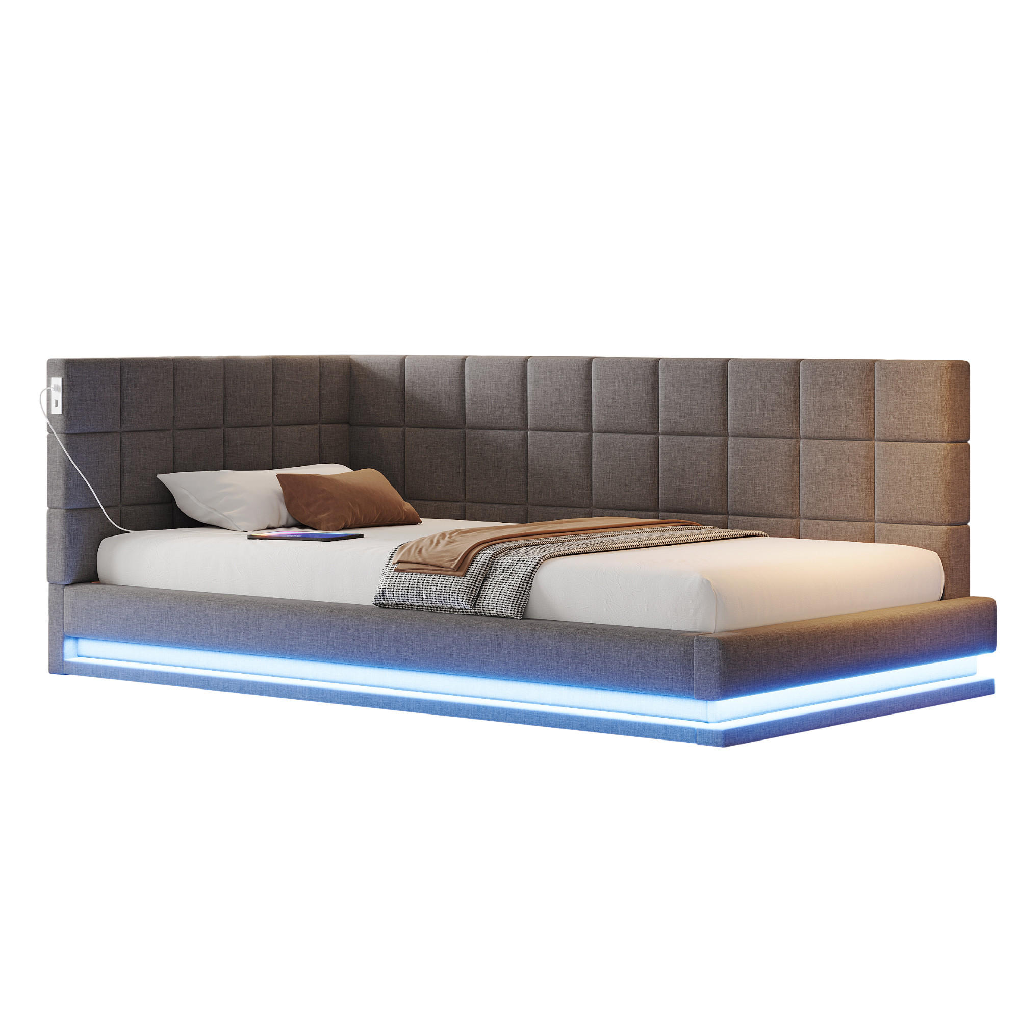 POLSTERBETT 90/200 cm mit LED-Beleuchtung & USB-Steckdose aus Leinen Grau - Grau, Textil (90/200cm) - OKWISH