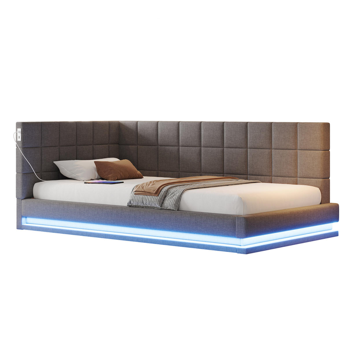 POLSTERBETT 90/200 cm mit LED-Beleuchtung & USB-Steckdose aus Leinen Grau - Grau, Textil (90/200cm) - OKWISH