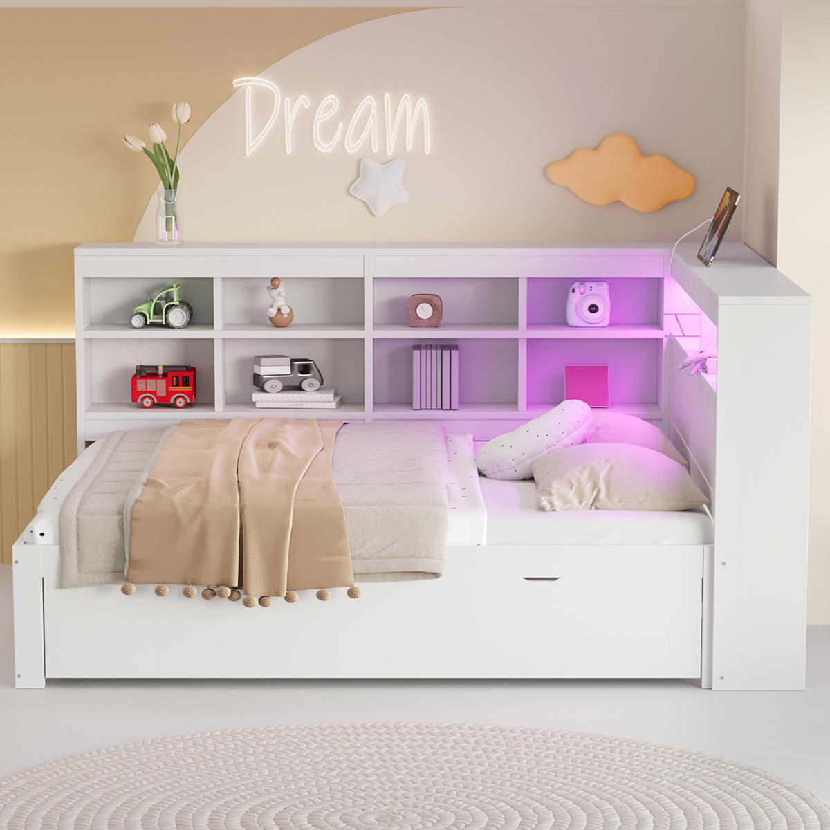 KINDERBETT 140/200 cm DE-01338, in Weiß, mit USB, LED und 2 Schubladen - Weiß, Holz (140/200cm) - ComfortXL