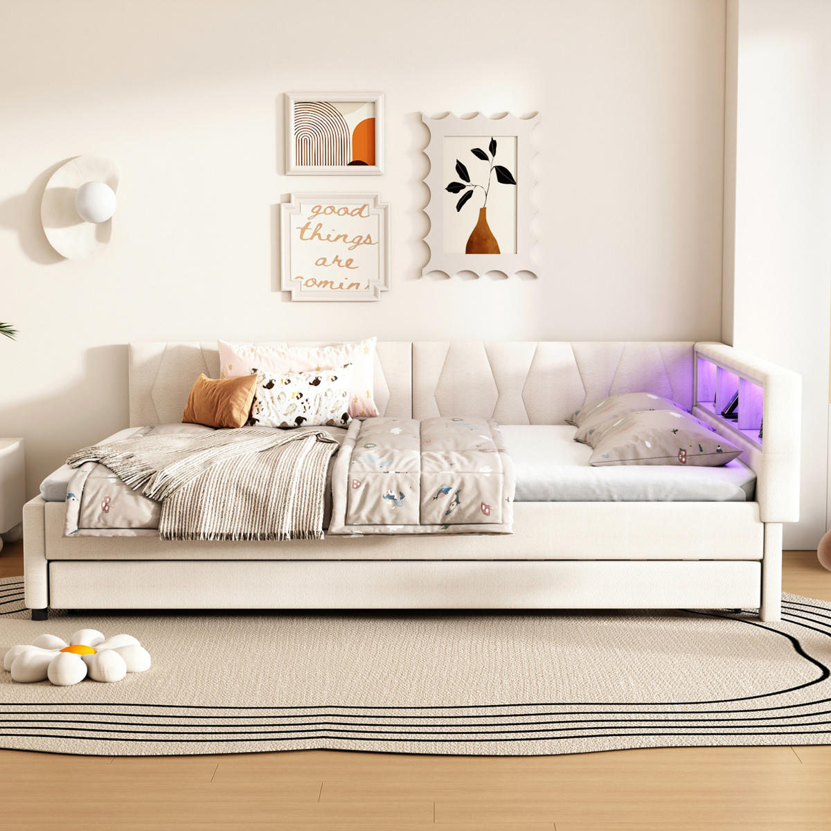 DENNÍ postel 140/200 cm béžová z lnu a MDF s USB-C nabíjením, LED světlem a úložným čelem - béžová, textil (140/200cm) - OKWISH
