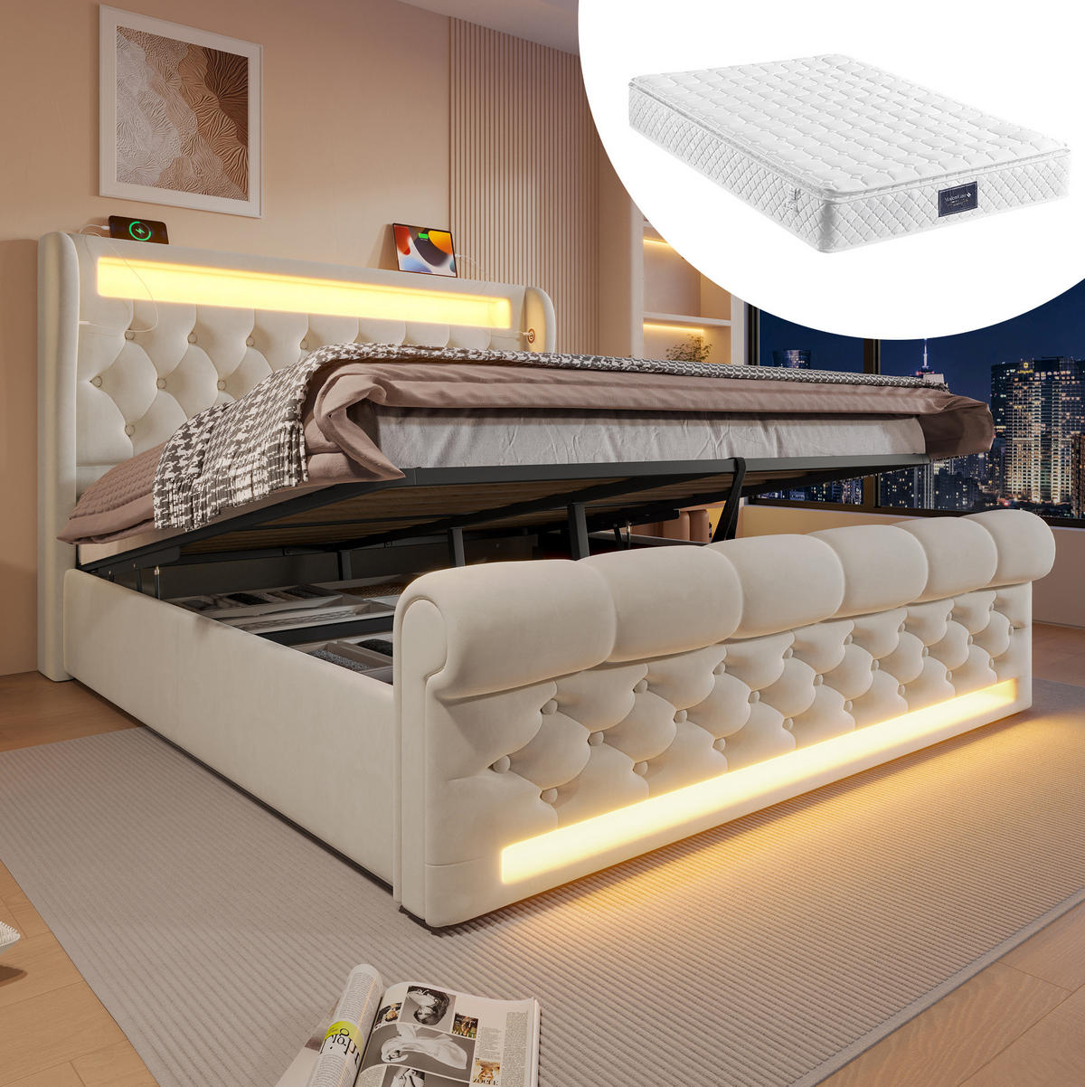 POLSTERBETT mit LED, Stauraum und Ladestation 140x200 cm Samt Beige inkl. Matratze - Beige, Metall (140/200cm) - Meubliv