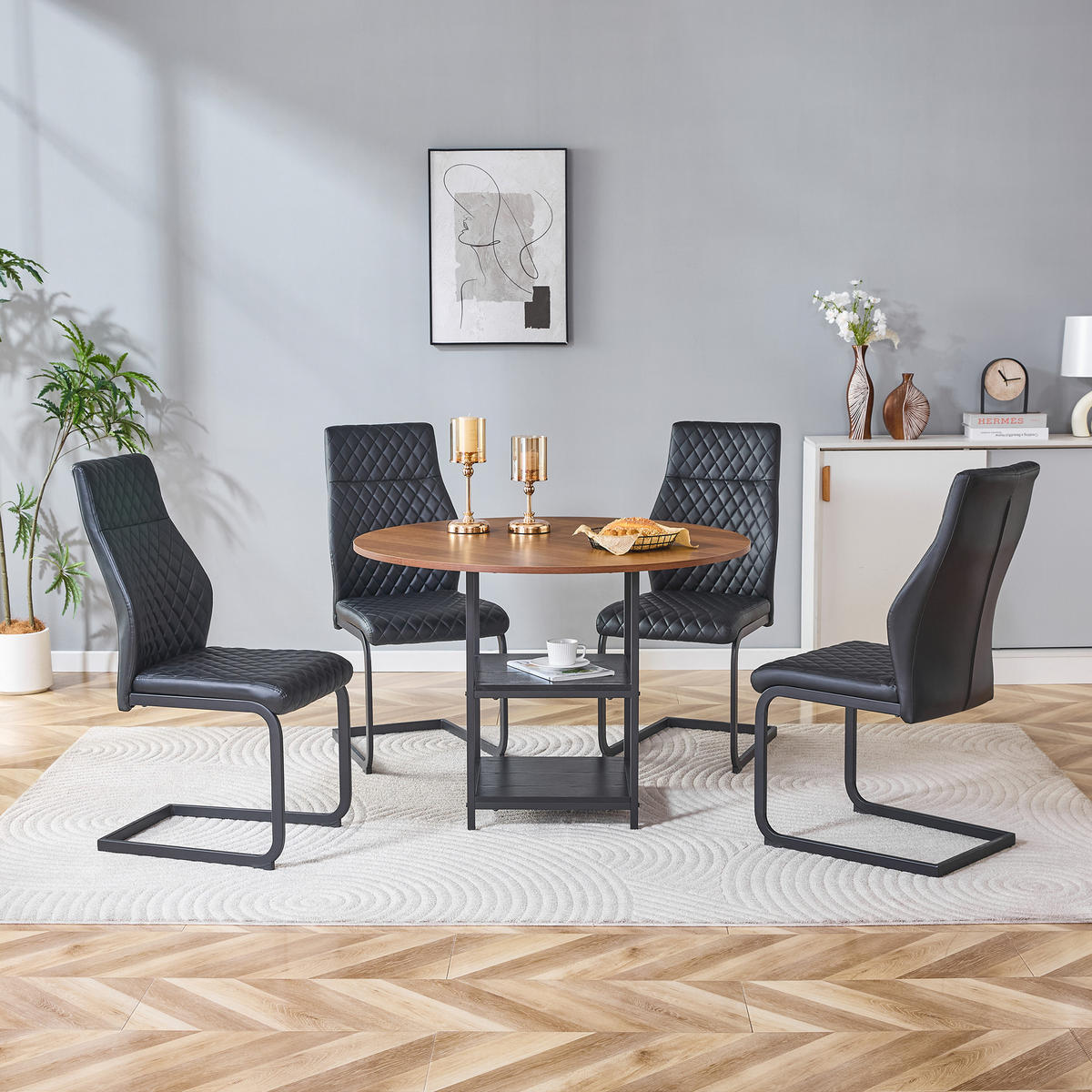 ESSGRUPPE DE-39436 5-teilig, mit doppelter Ablage und 4 Stühlen Schwarz - Schwarz, Holzwerkstoff (107/75/107cm) - ComfortXL