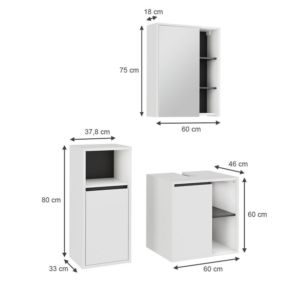 SADA KOUPELNOVÉHO NÁBYTKU Viola Bílá/šedá - bílá/šedá, kompozitní dřevo (60/60/45.5cm) - Vicco