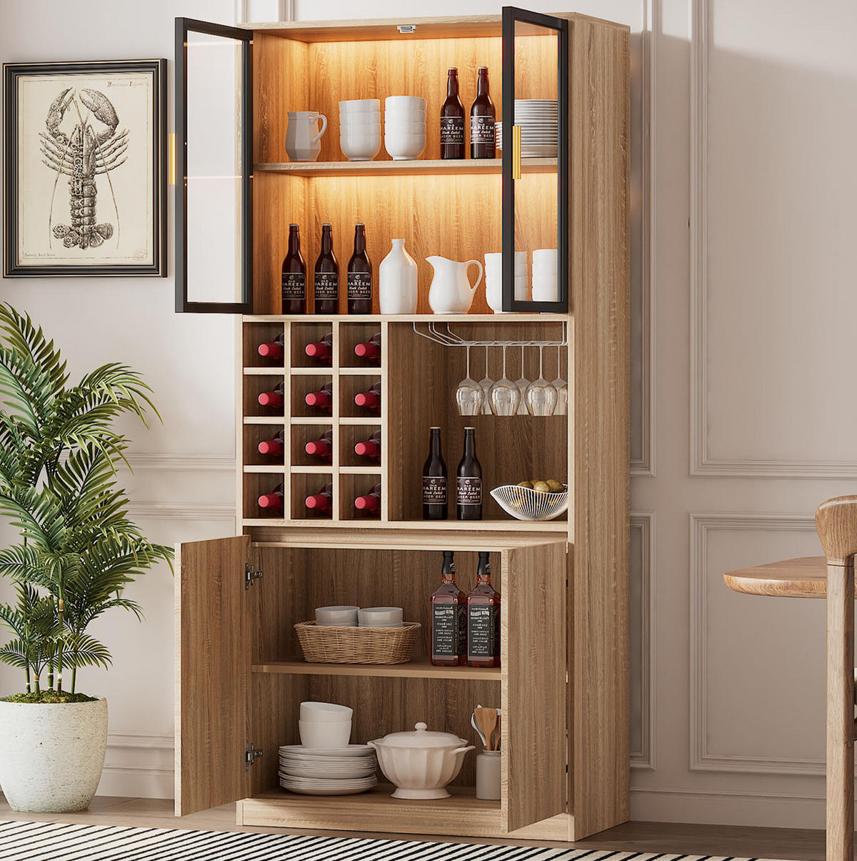 VITRINENSCHRANK aus MDF 80x40x180 cm Natur mit Glastüren, LED-Beleuchtung und abnehmbarem Weinglashalter - Naturfarben, Holzwerkstoff (80/180/40cm) - IVMEU