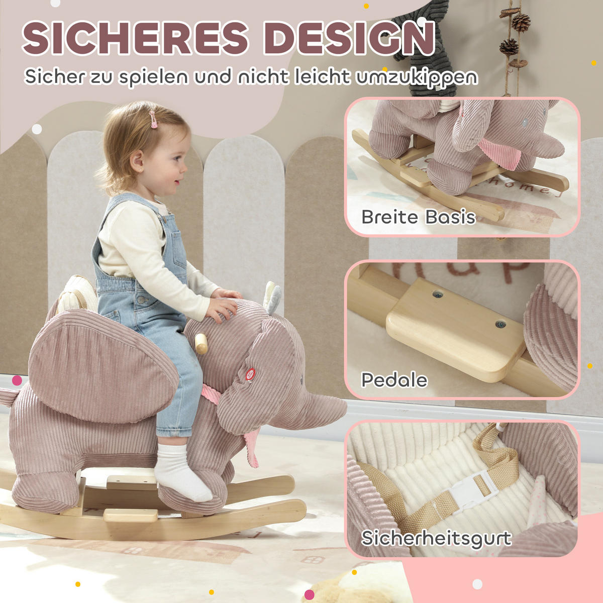 SCHAUKELTIER Elefant-Schaukel interaktive Tiergeräusche weiche Füllung Braun - Braun, Textil (35/50/65cm) - AIYAPLAY