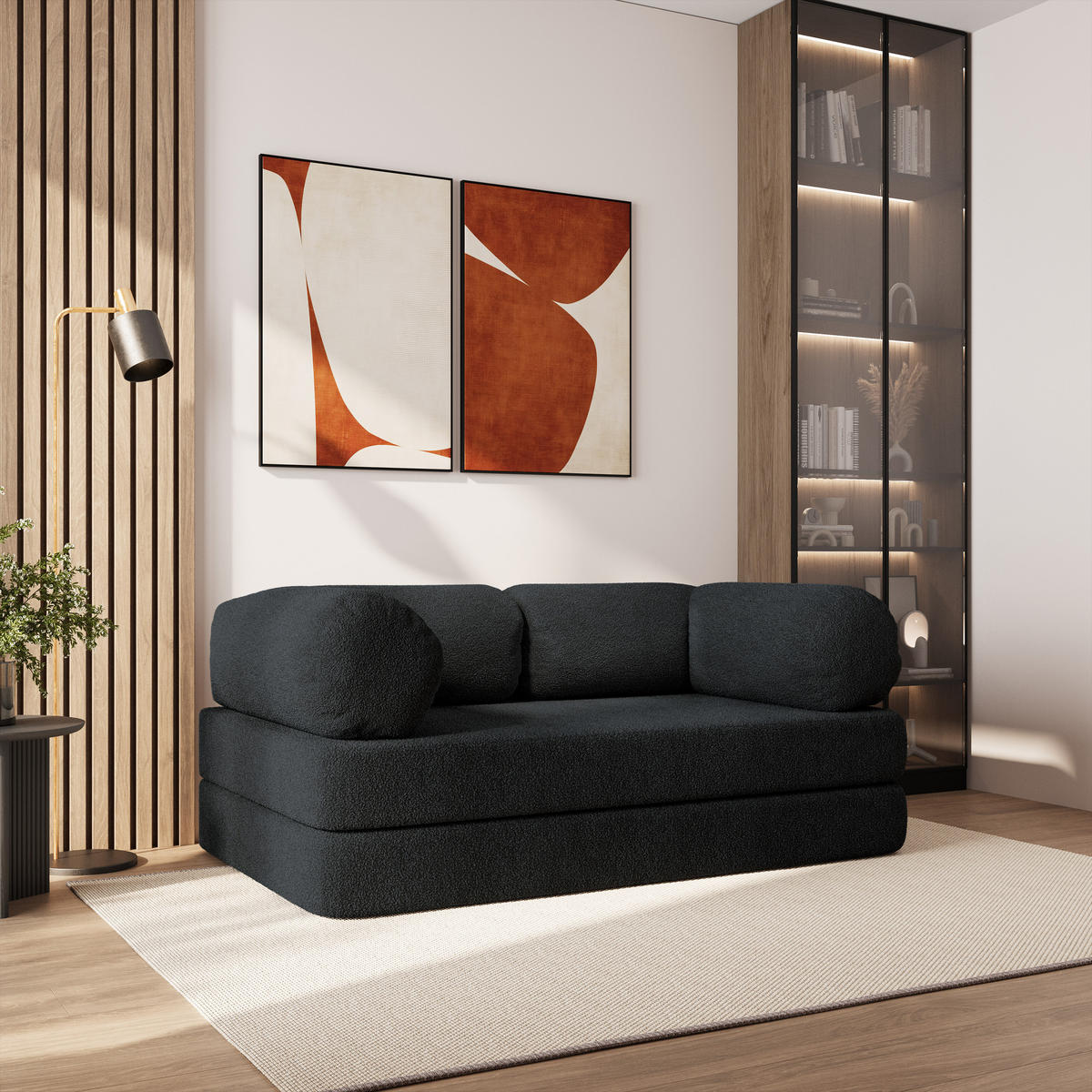 BETTSOFA EIREN aus Schaumstoff Bucle-Stoff Schwarz Schlaffunktion - Schwarz, Textil (170/68/80cm) - MASSENO