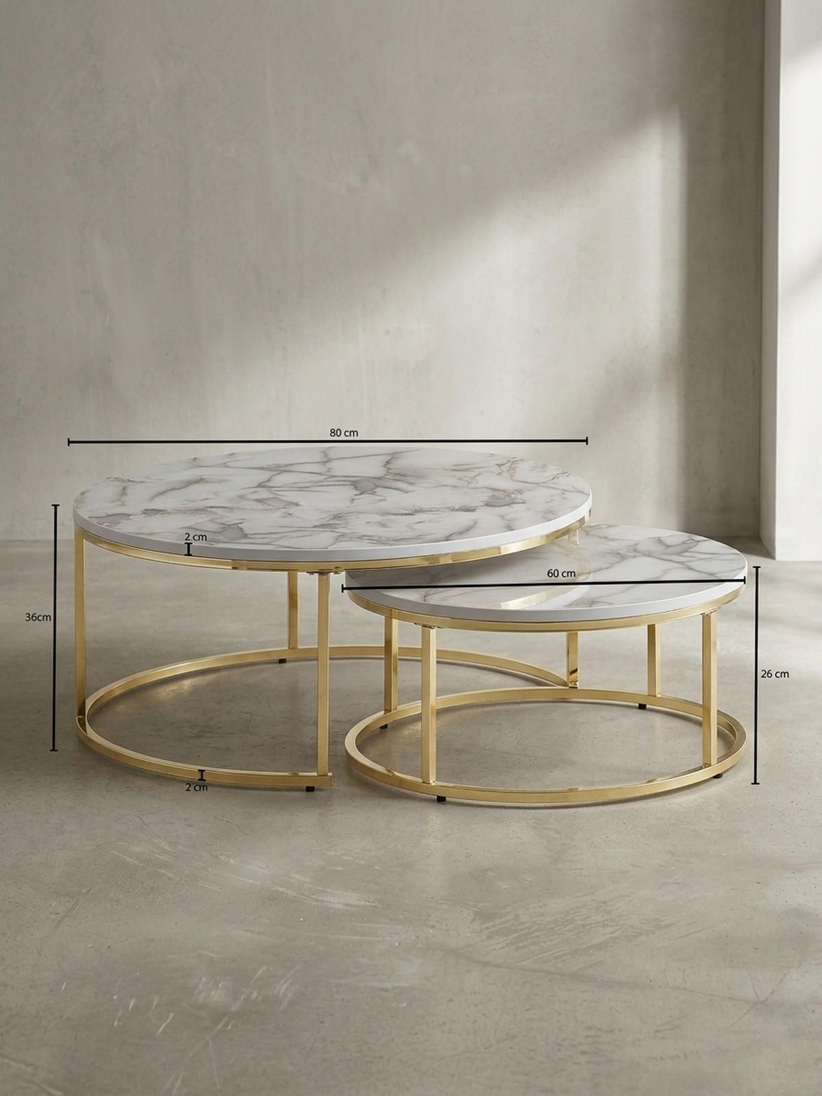 COUCHTISCH 2er Set Marmoroptik Metall Eichenholz Ineinanderschiebbar, Gold 80x80x36 cm - Goldfarben, Holz/Metall (80/80/36cm) - KADIMA DESIGN