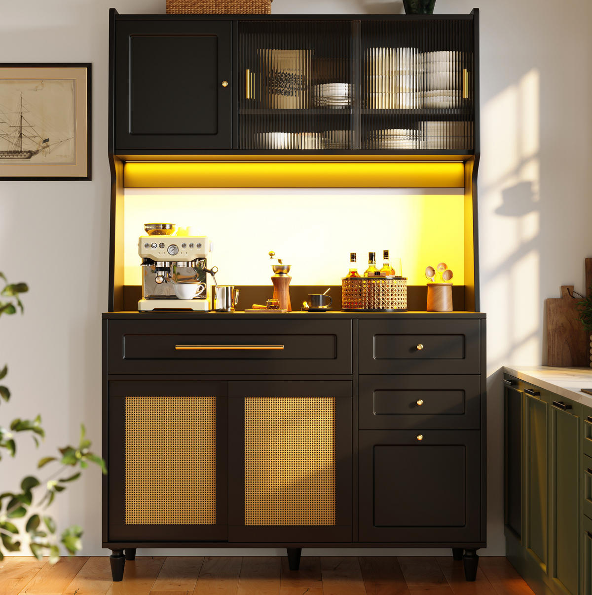 ANRICHTE Hochschrank 120/45/195,5 cm aus MDF und Holzwerkstoff mit LED-Beleuchtung Schwarz - Schwarz, Holzwerkstoff (120/195.5/45cm) - Modenvie