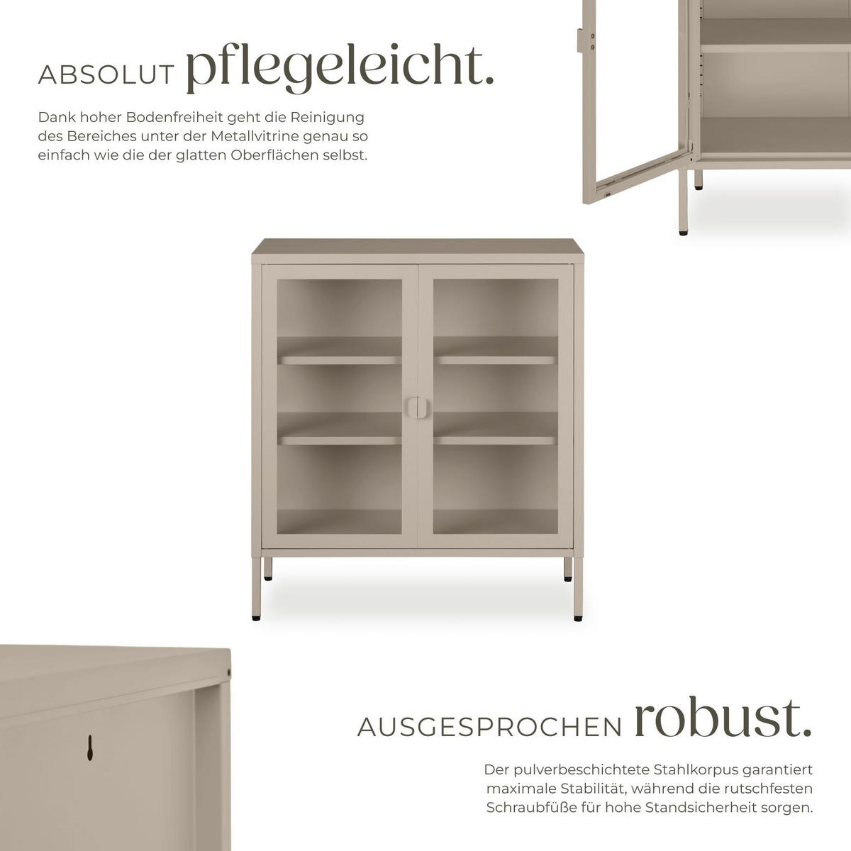 METALLVITRINE Baker, Kippschutz, höhenverstellbare Füße, taupe - Taupe, Metall (80/90.5/37cm) - tectake