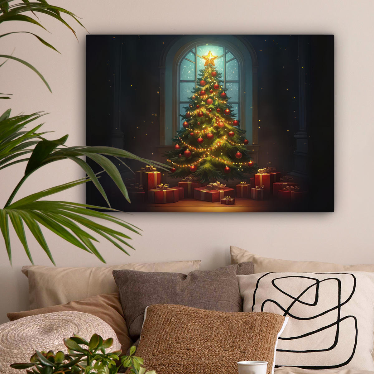 LEINWANDBILD Weihnachtsbaum - Geschenk - Winter Wandbilder 80x60 cm - Grün, Textil (80/60cm) - MuchoWow