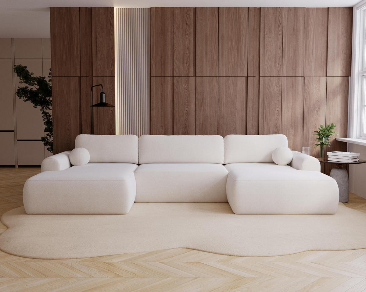 WOHNLANDSCHAFT Aurora Weiß, mit Schlaffunktion in Lambi Stoff - Weiß, Holzwerkstoff/Textil (344/92/177cm) - Bettso