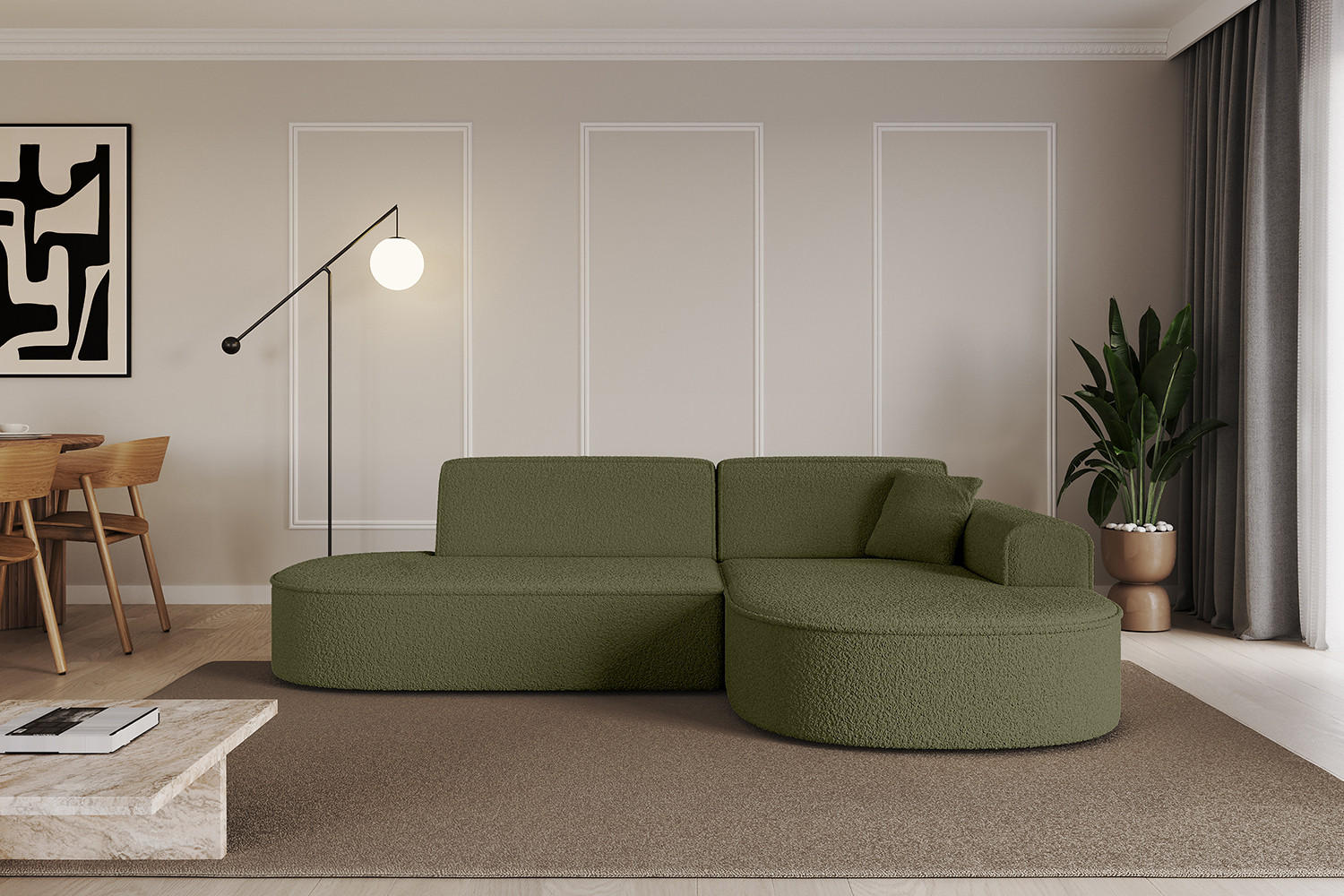 ECKSOFA Ottomane Rechts MARI-L1 - 232x163x73,5 cm Grün Bouclé - Schwarz/Grün, Holzwerkstoff/Kunststoff (234/163cm) - ALTDECOR