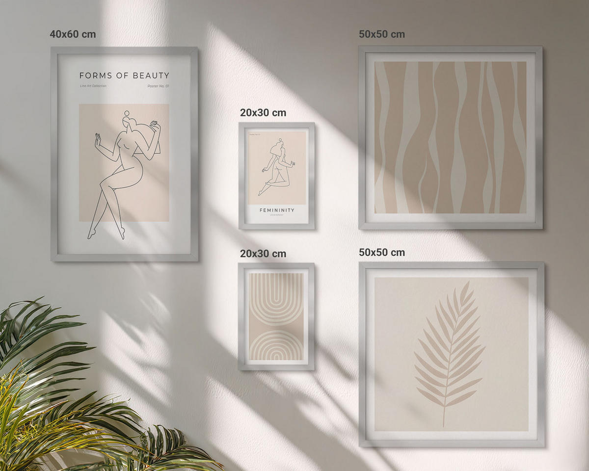 BILDER SET 5er Set - 50x50 cm & 20x30 cm & 40x60 cm Silberner Rahmen - Abstrakte Boho-Dekorationen - Silberfarben, Kunststoff (40/60cm) - TULUP