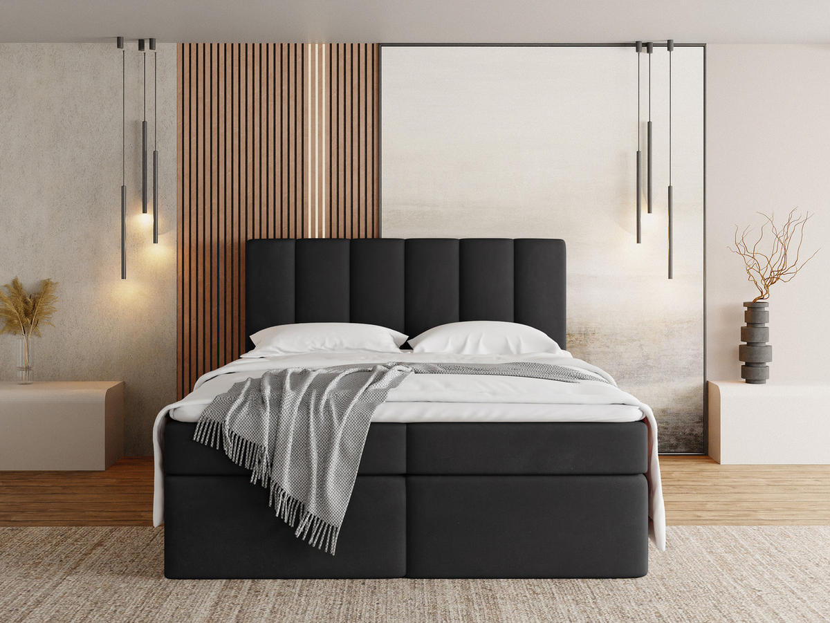 BOXBETT Amira mit Bettkasten, Schwarz Samt 200x200 cm - inkl. H4 Matratze und H3 Foam Topper - Schwarz Hochglanz/Schwarz, Holzwerkstoff/Kunststoff (200/200cm) - WFL GROUP