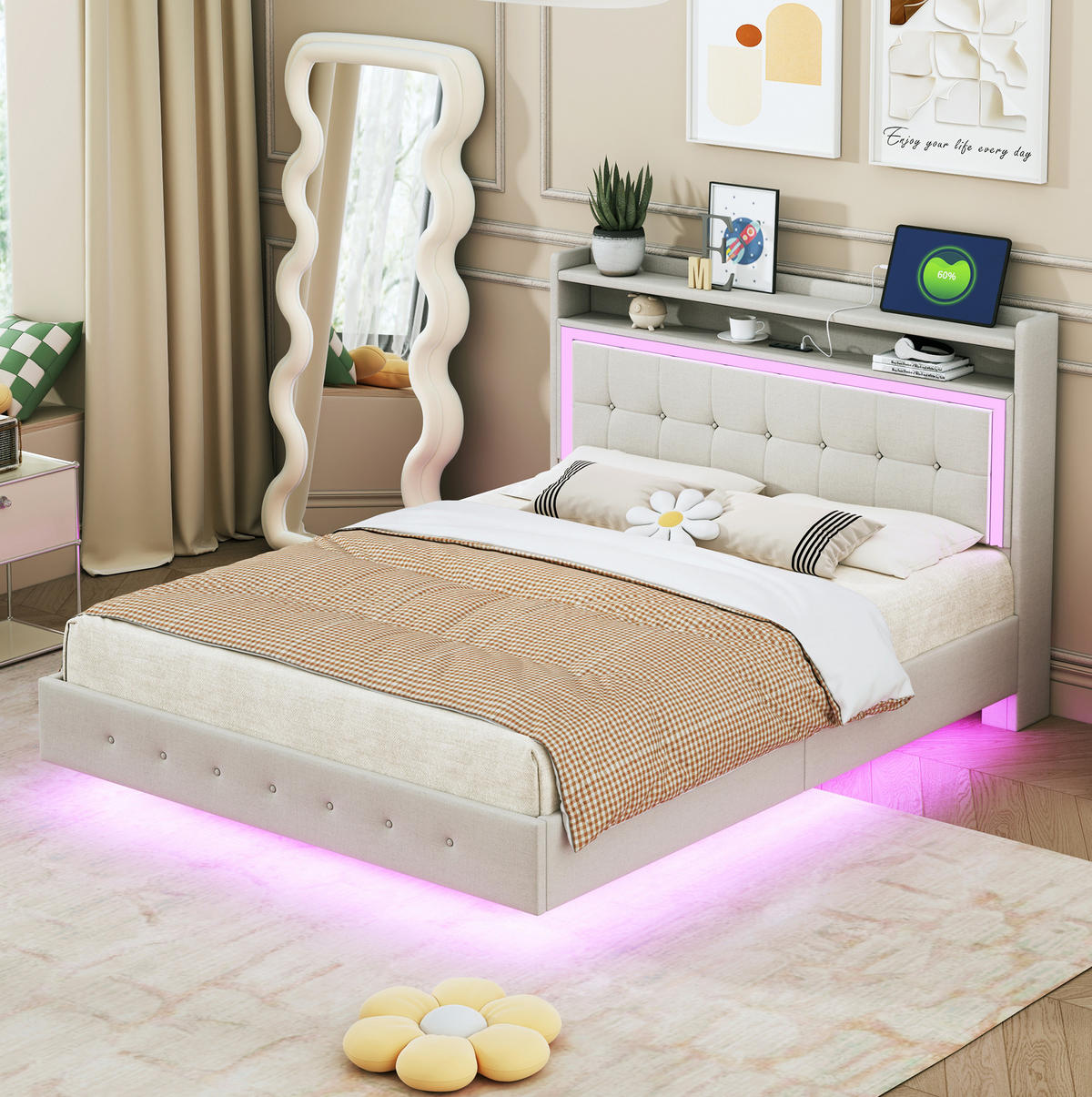 ČALOUNĚNÁ postel 140/200 cm, béžová, s USB zásuvkou a LED osvětlením - béžová, textil (140/200cm) - BEAOK