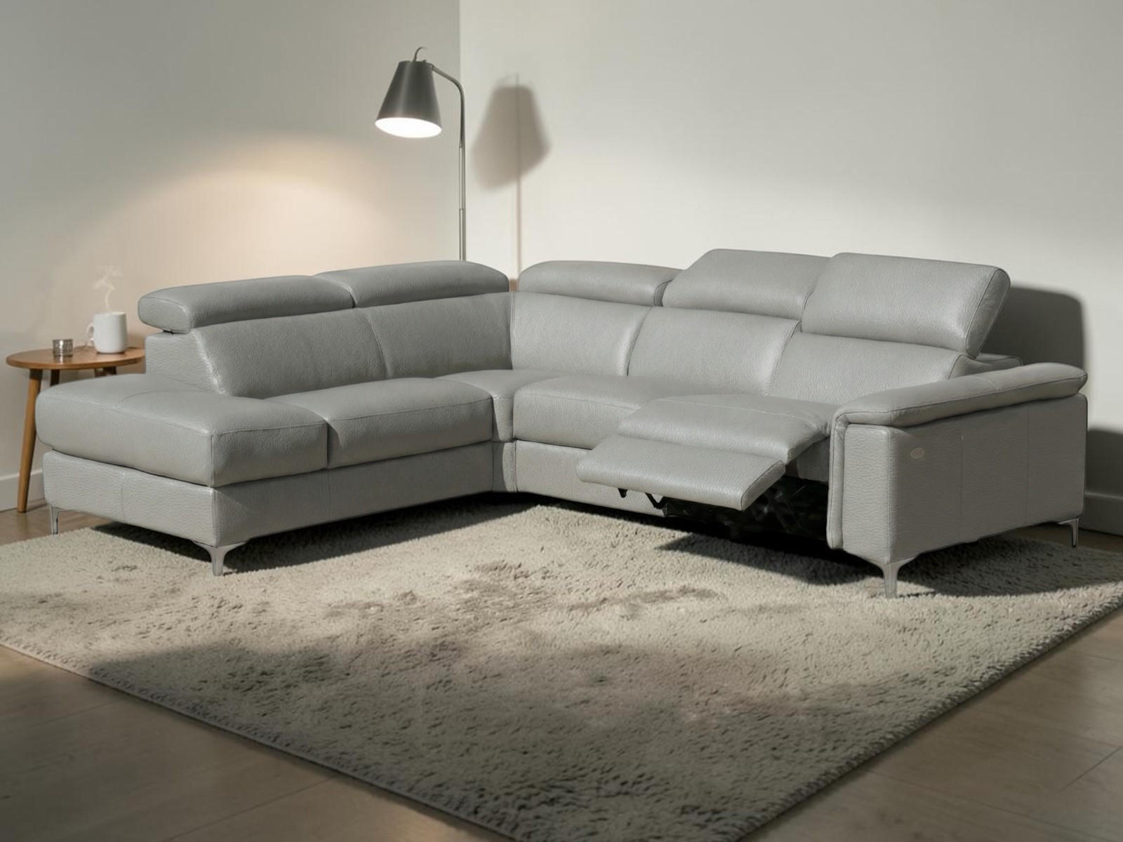 ECKSOFA Avenger Echtleder mit 1 x Relaxfunktion Perlgrau - Hellgrau, Leder/Metall (224/81/271cm)