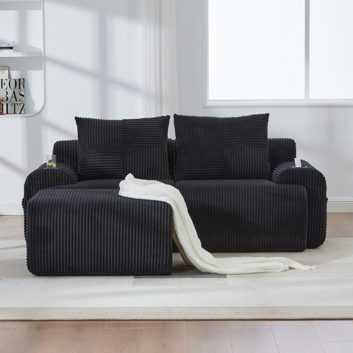 2-SITZER-SOFA aus Cord 200x174x80 cm mit Cupholder & Seitentasche, schwarz - Schwarz, Textil (174/80/200cm)