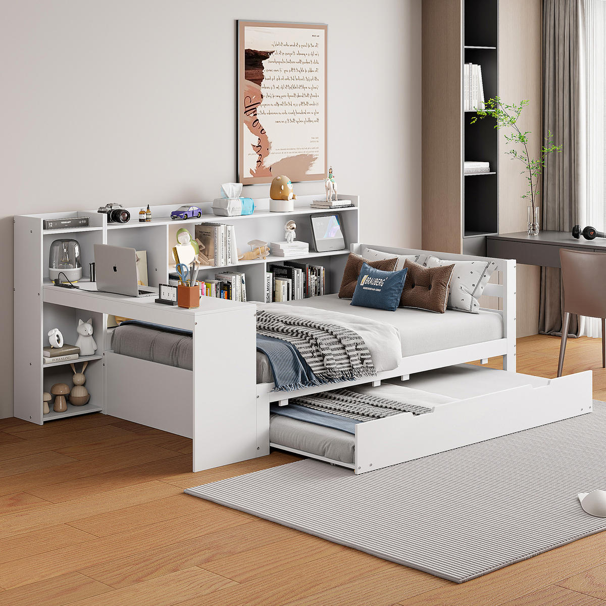 BETT aus Massivholz mit Schreibtisch und Regalen Weiß 90/200 cm - Weiß, Holz (90/200cm) - OKWISH