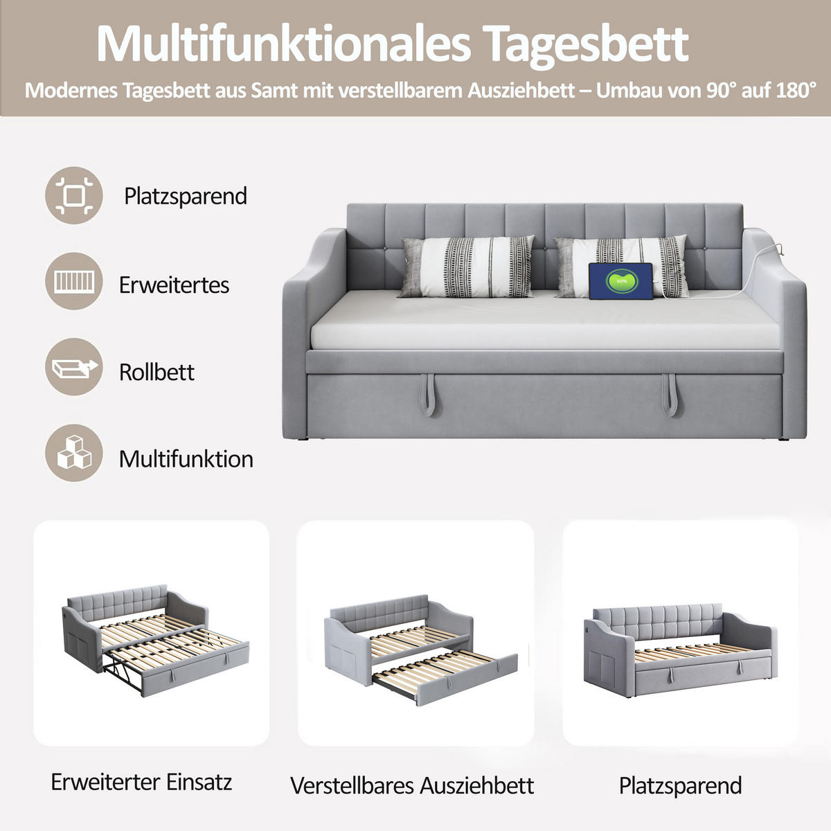 AUSZIEHBETT 90/180/190 cm DE-01999, in Hellgrau - Hellgrau, Metall (90/190cm) - ComfortXL
