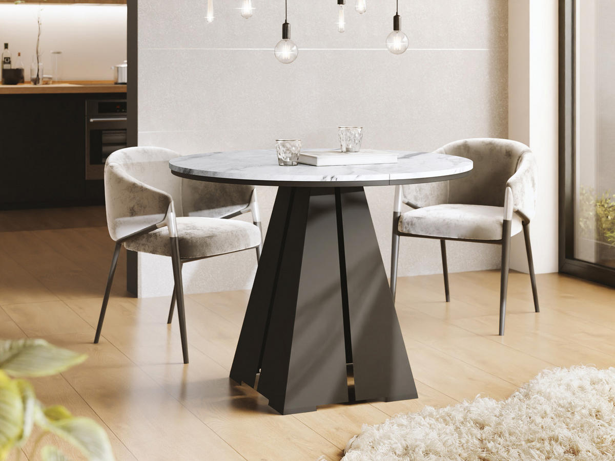 ESSTISCH Kova runder ausziehbarer, Marmor Weiß 120-200/120/76 cm - Ecru/Schwarz, Holzwerkstoff/Metall (120/120/76cm) - WFL GROUP