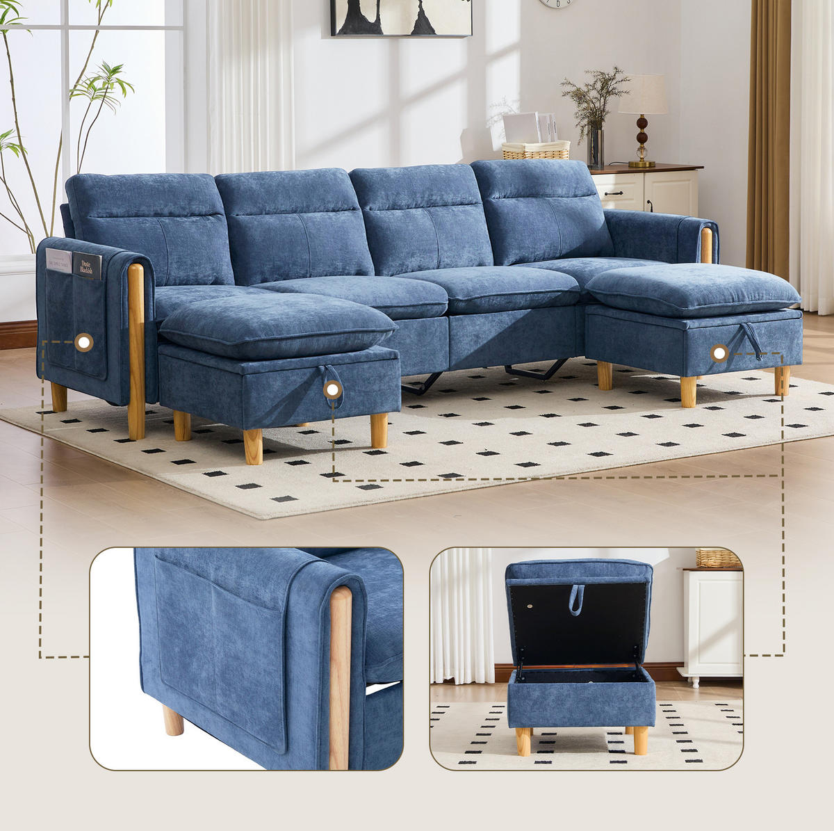 SOFA 261/77/86 cm in Blau aus Chenille, modular mit 2 Hockern und Stauraum - Blau, Textil (77/86/261cm) - Flora Grace
