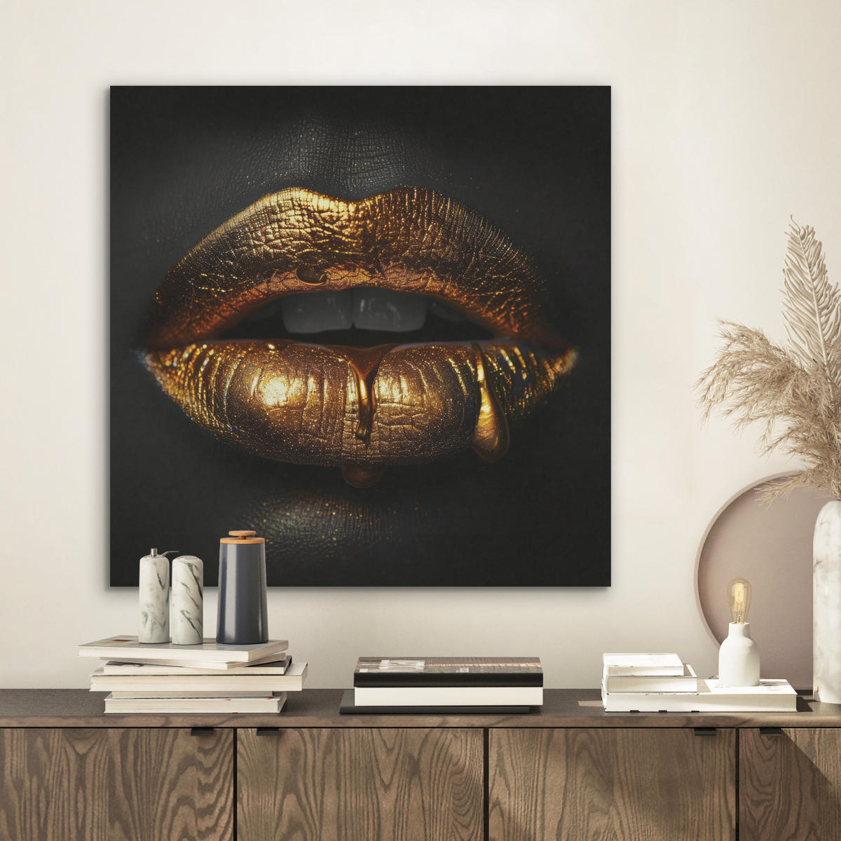 AKUSTIKBILD Frau - Porträt - Lippen - Gold - Schwarz Wandbilder 60x60 cm - Schwarz, Kunststoff (60/60/0.9cm) - MuchoWow