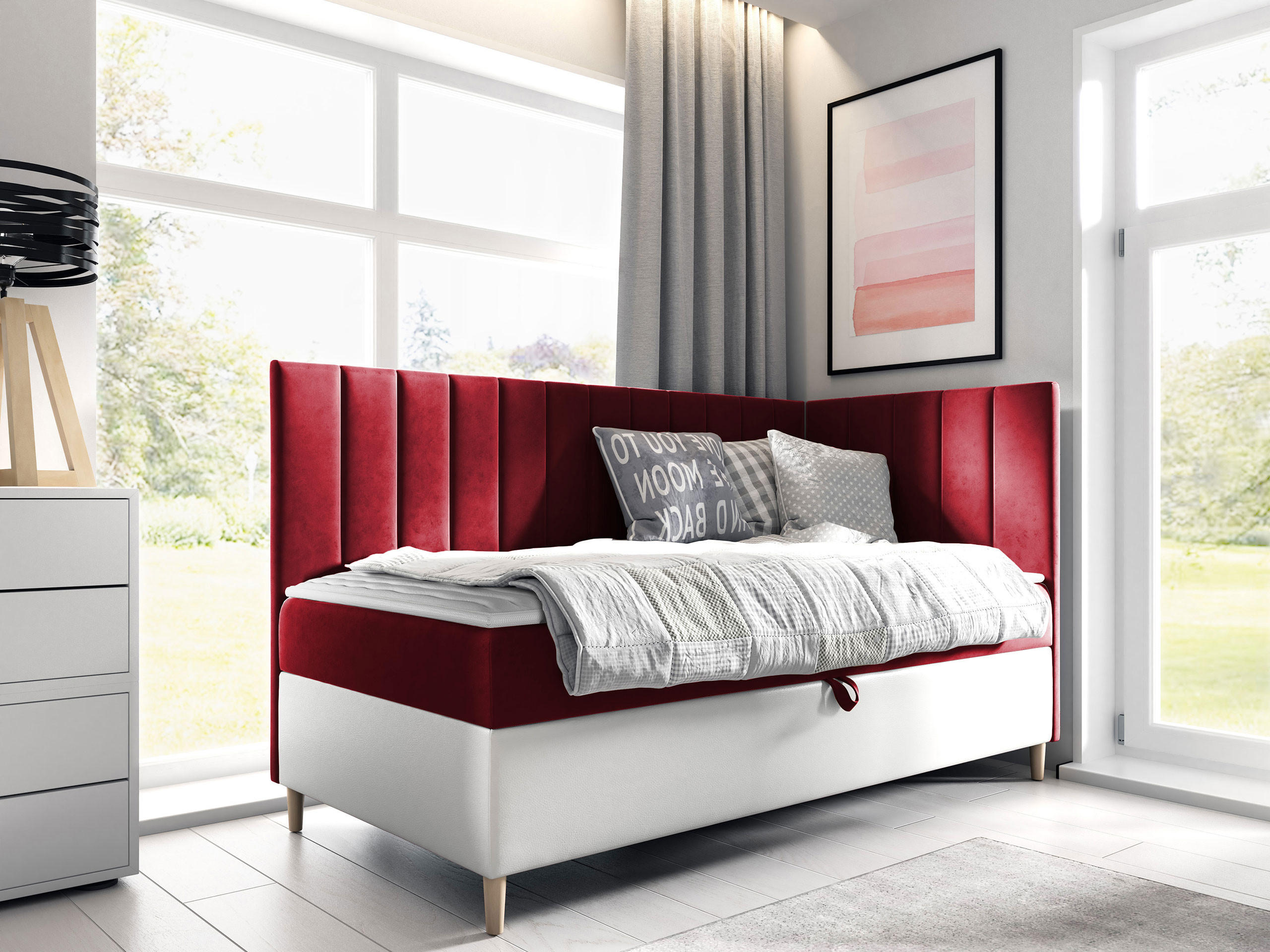 BOXBETT Maja Junior 3, Seite zum Öffnen des Bettkastens: Rechts - Rot/Weiß, Holz (100/200cm) - MIRJAN24