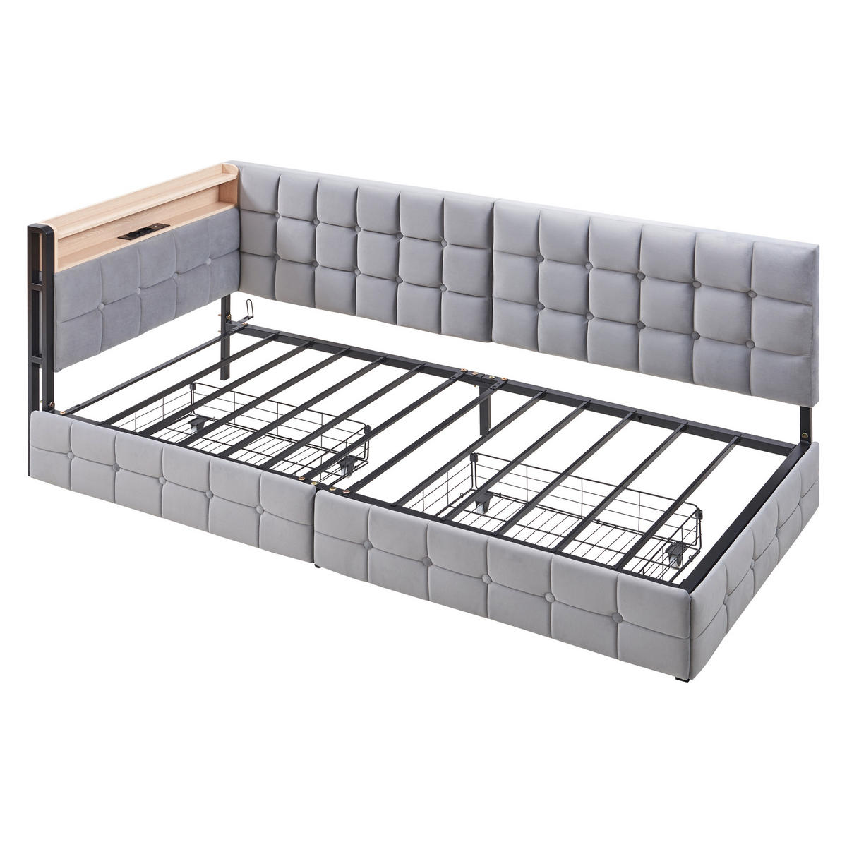 POLSTERBETT 90/200 cm DE-02018, in Grau, mit LED, USB und 2 Schubladen - Grau, Metall (90/200cm) - ComfortXL