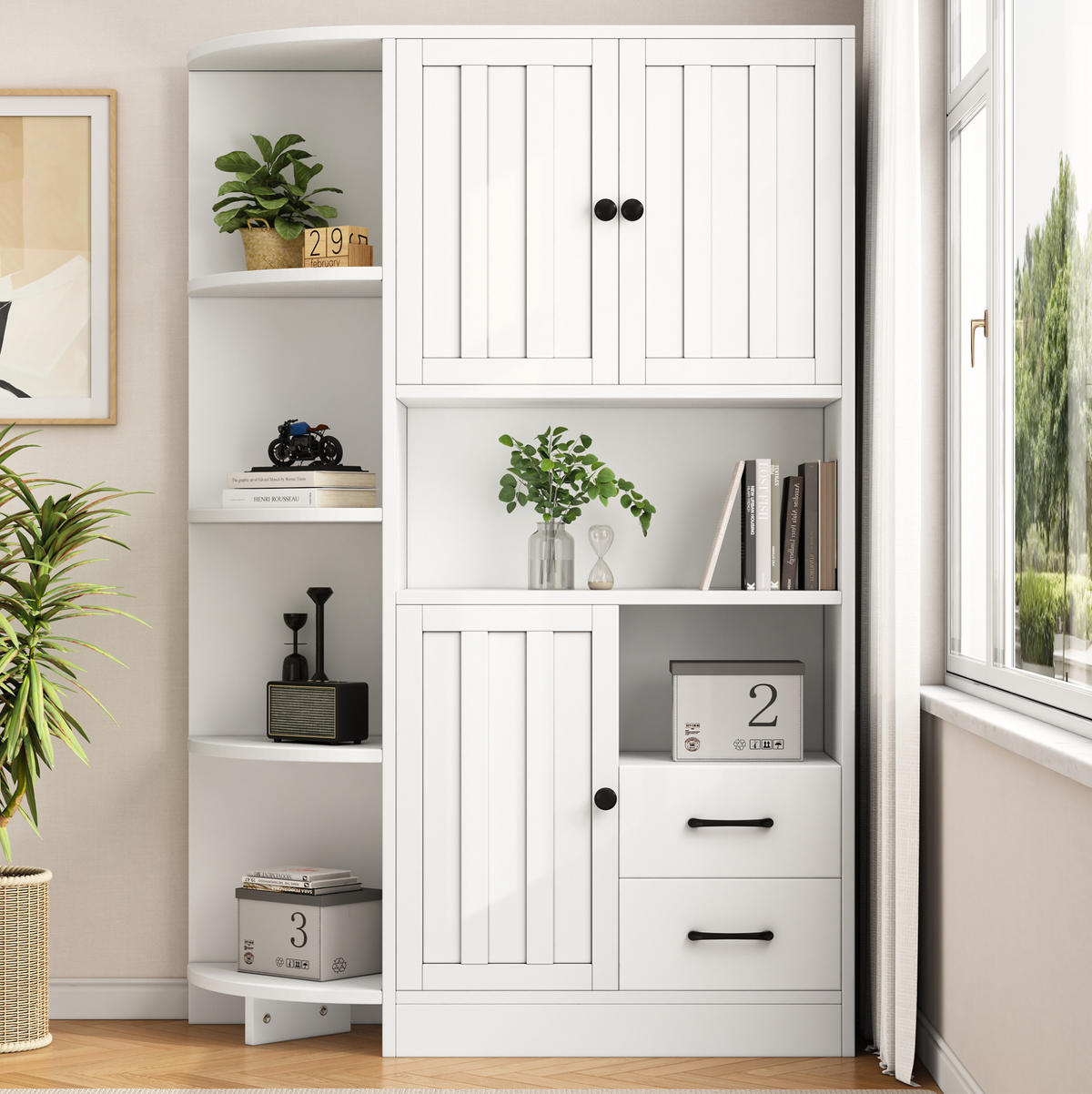 HIGHBOARD 104/155/35 cm Weiß aus Spanplatte mit 14 Ablageflächen - Weiß, Holzwerkstoff (35/155/104cm) - OKMYHOME