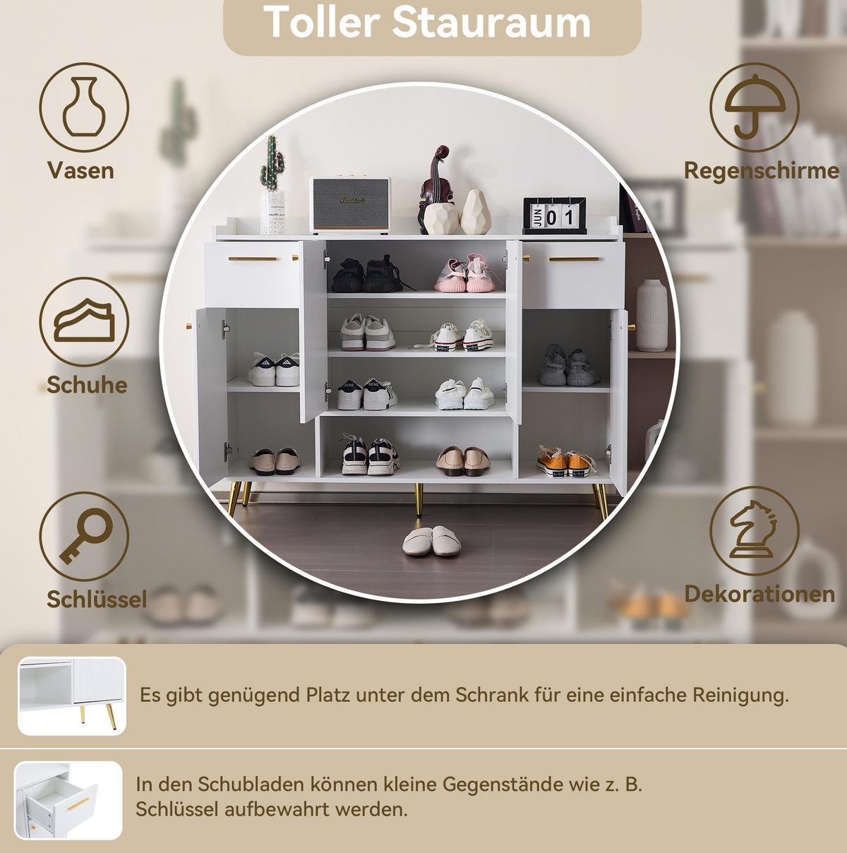 SCHUHSCHRANK 130/100/37 cm Weiß aus Spanplatte mit 2 Schubladen und 4 Türen - Weiß, Holzwerkstoff (130/100/37cm) - OKMYHOME