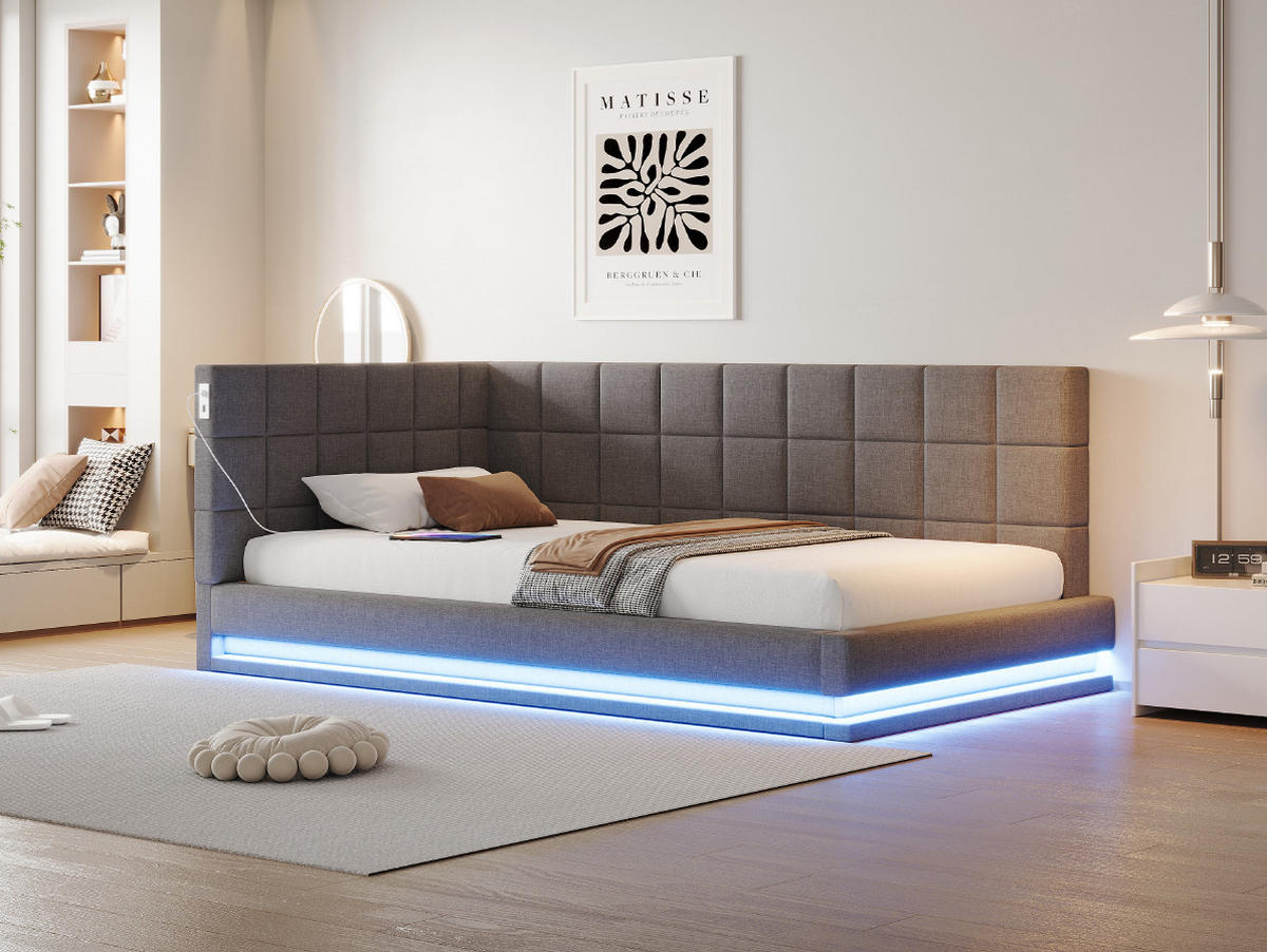 POLSTERBETT 90/200 cm grau aus Leinen mit LED-Lichtleiste und USB-Steckdose - Grau, Textil (90/200cm) - OKMYHOME