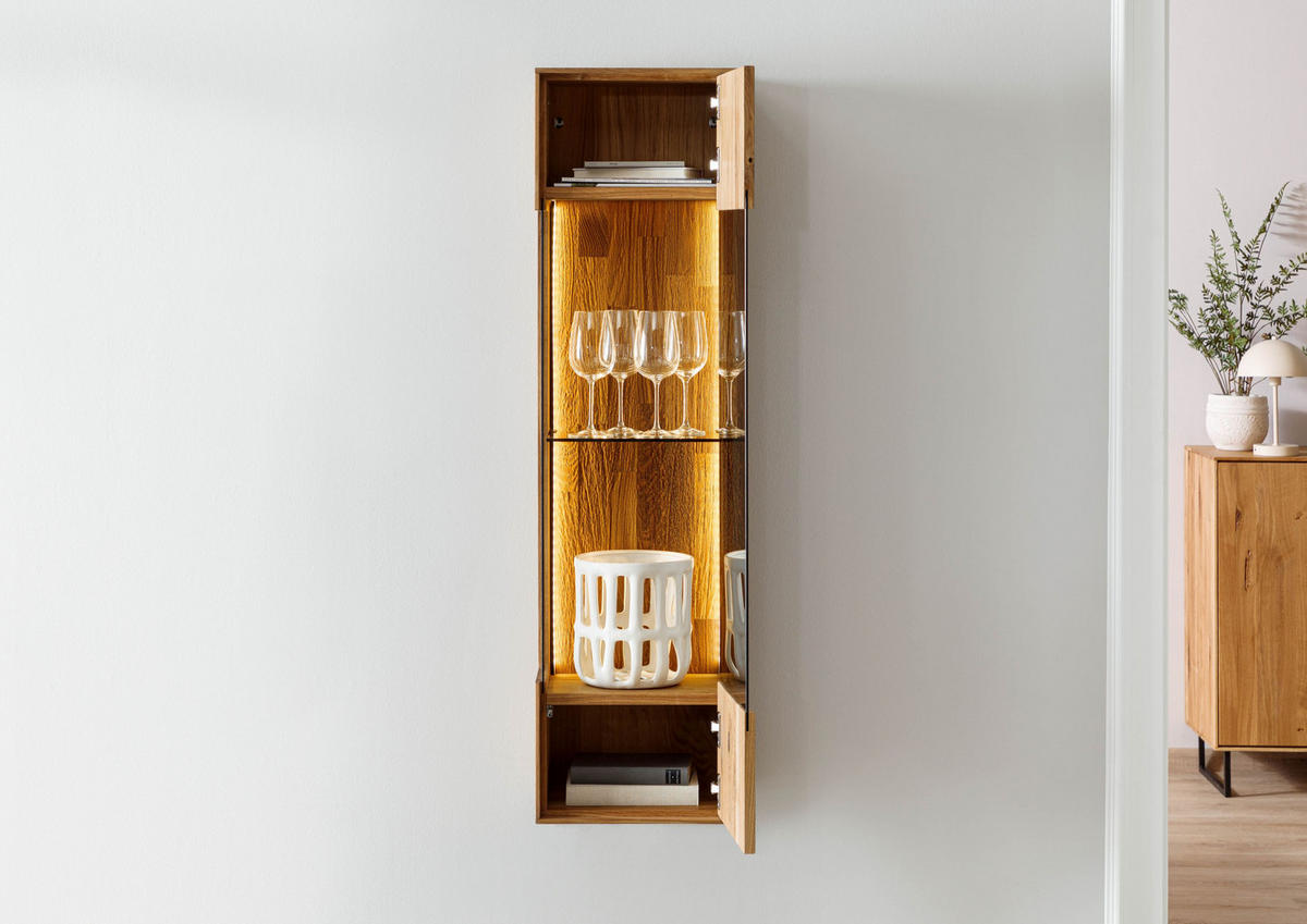 HÄNGEVITRINE Wildeiche 37x32x130 natur geölt WIEN #232 - Naturfarben, Holz (37/130/32cm) - Massivmoebel24