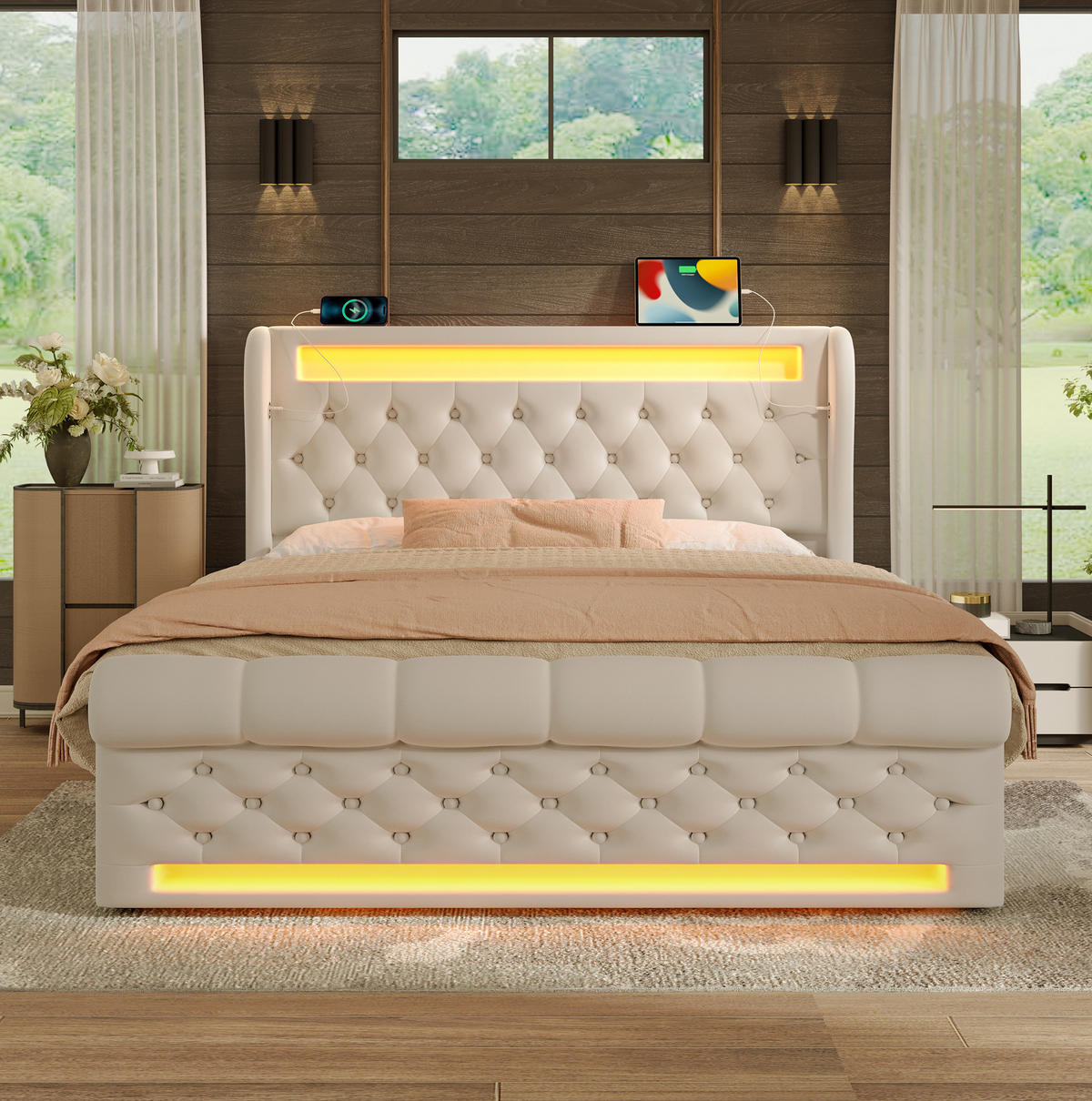 POLSTERBETT 160/200 cm Beige mit LED-Beleuchtung und Stauraum-Kopfteil - Beige, Textil (160/200cm) - OKWISH