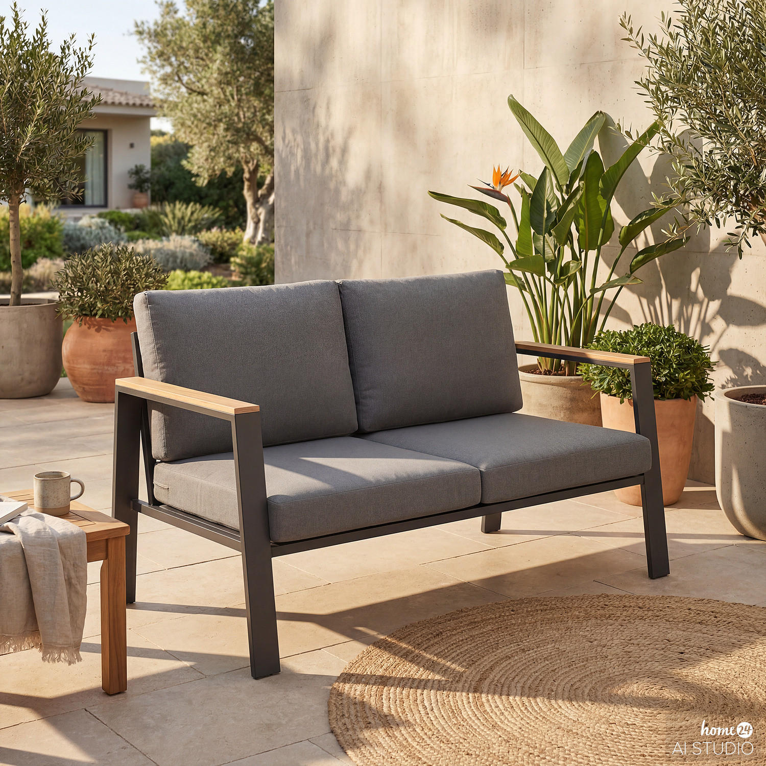 2-SITZER LOUNGESOFA - Aluminium / Polyester - Anthrazit - Anthrazit/Braun, Holz/Textil (132/74/75cm) - home24